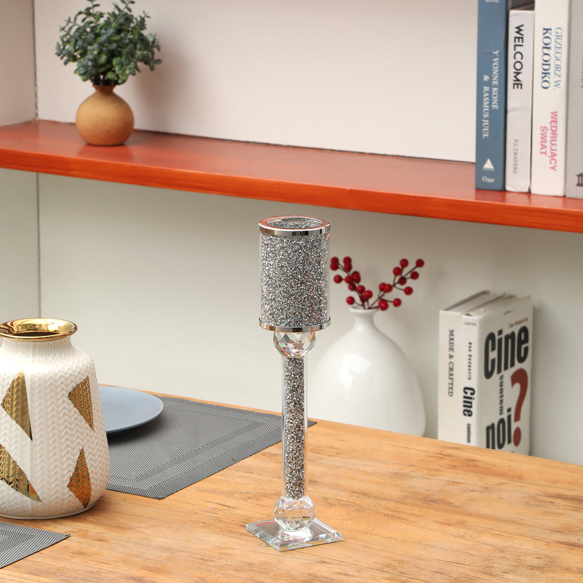 Ambrose Exquisite Candle Holder featuring silver crushed diamonds, elegantly displayed in a gift box.