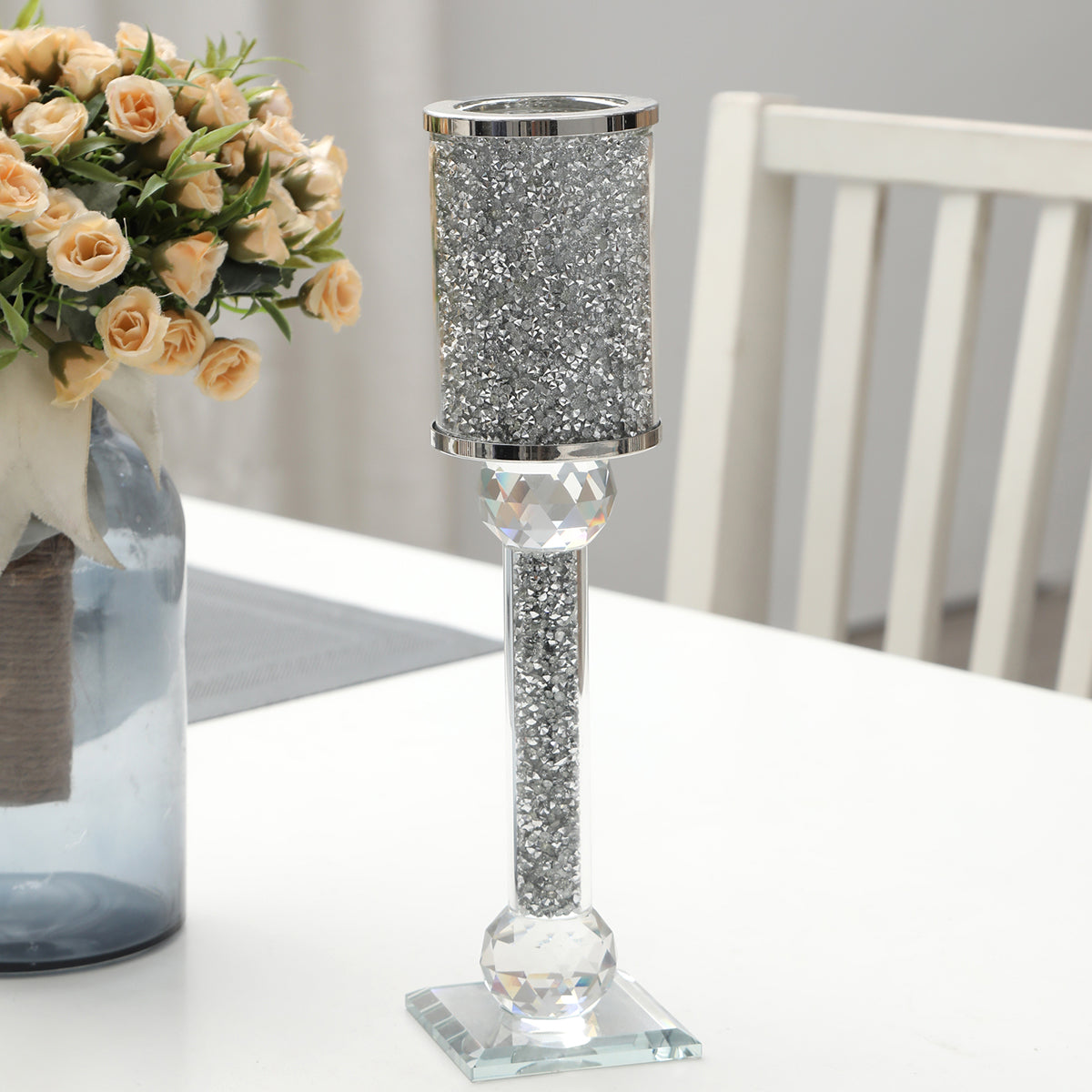 Ambrose Exquisite Candle Holder featuring silver crushed diamonds, elegantly displayed in a gift box.