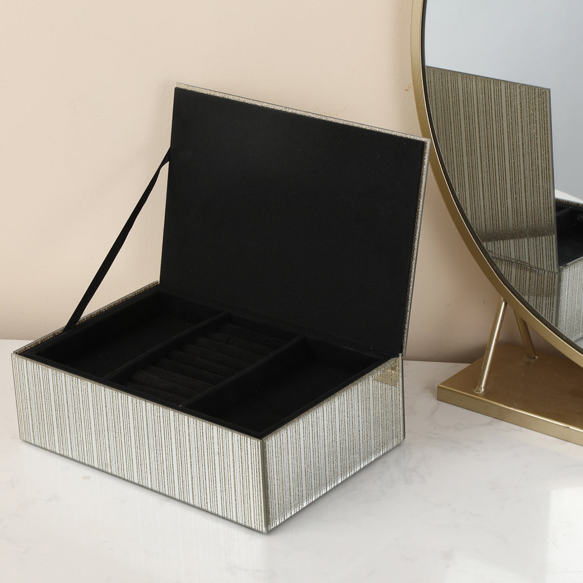 Ambrose Exquisite Gold Striped Glass Jewelry Box with elegant gold stripes and crystal embellishments, showcasing its two-layer design.