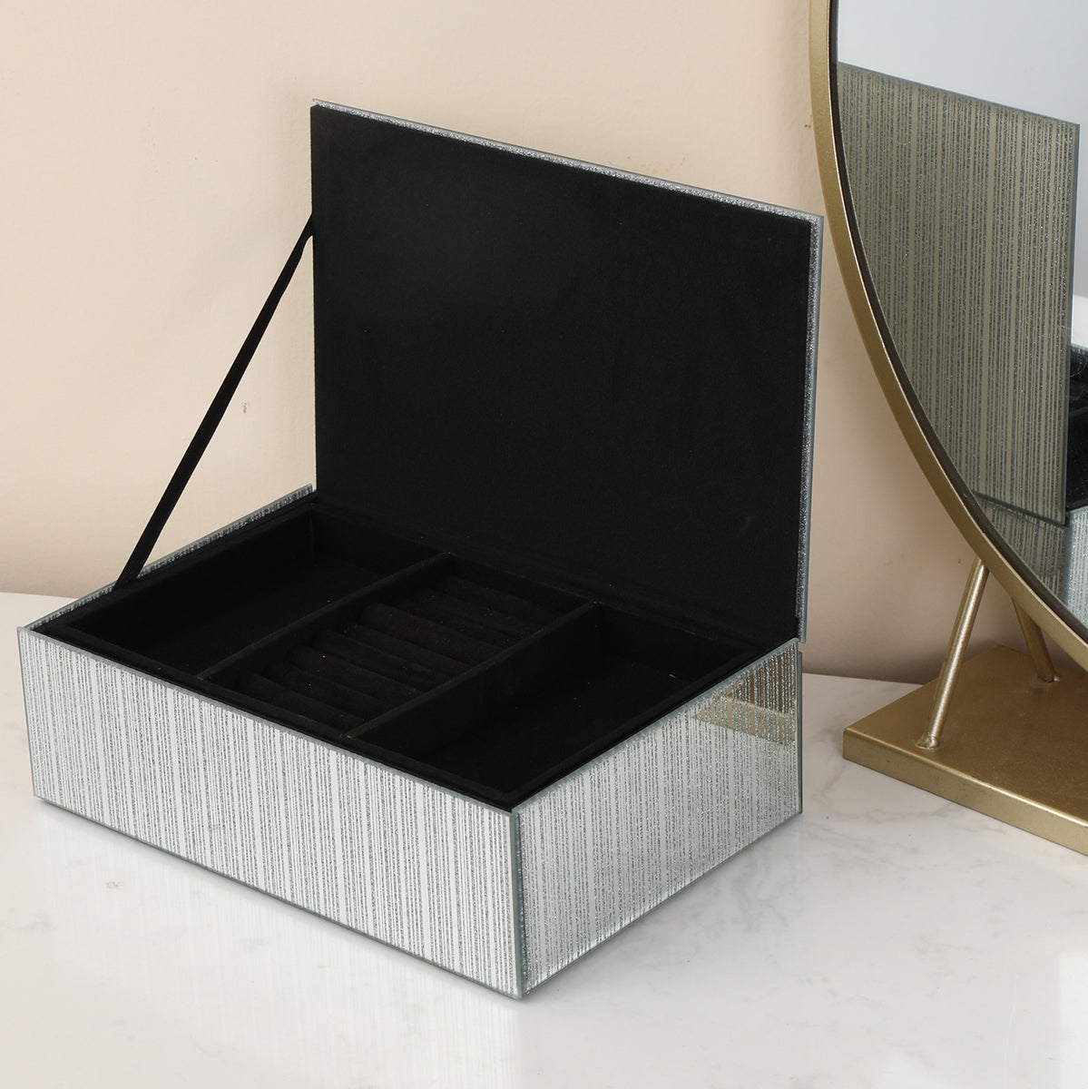 Ambrose Exquisite Silver Striped Glass Jewelry Box with elegant design and crystal embellishments, showcasing organized jewelry storage.