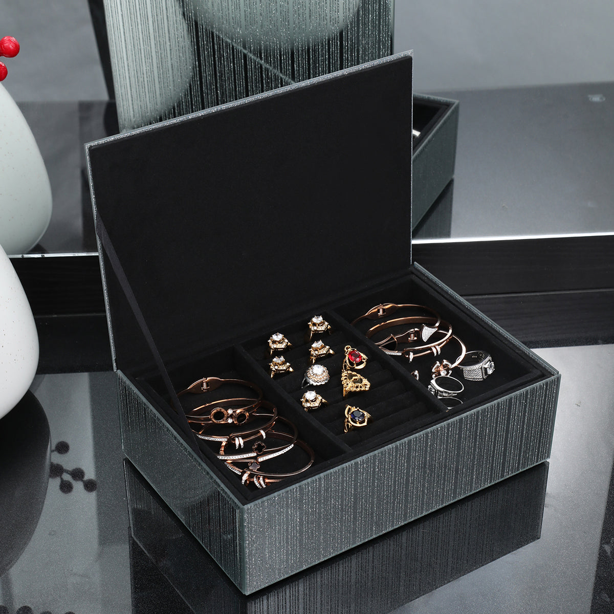 Ambrose Exquisite Silver Striped Glass Jewelry Box with elegant design and crystal embellishments, showcasing organized jewelry storage.