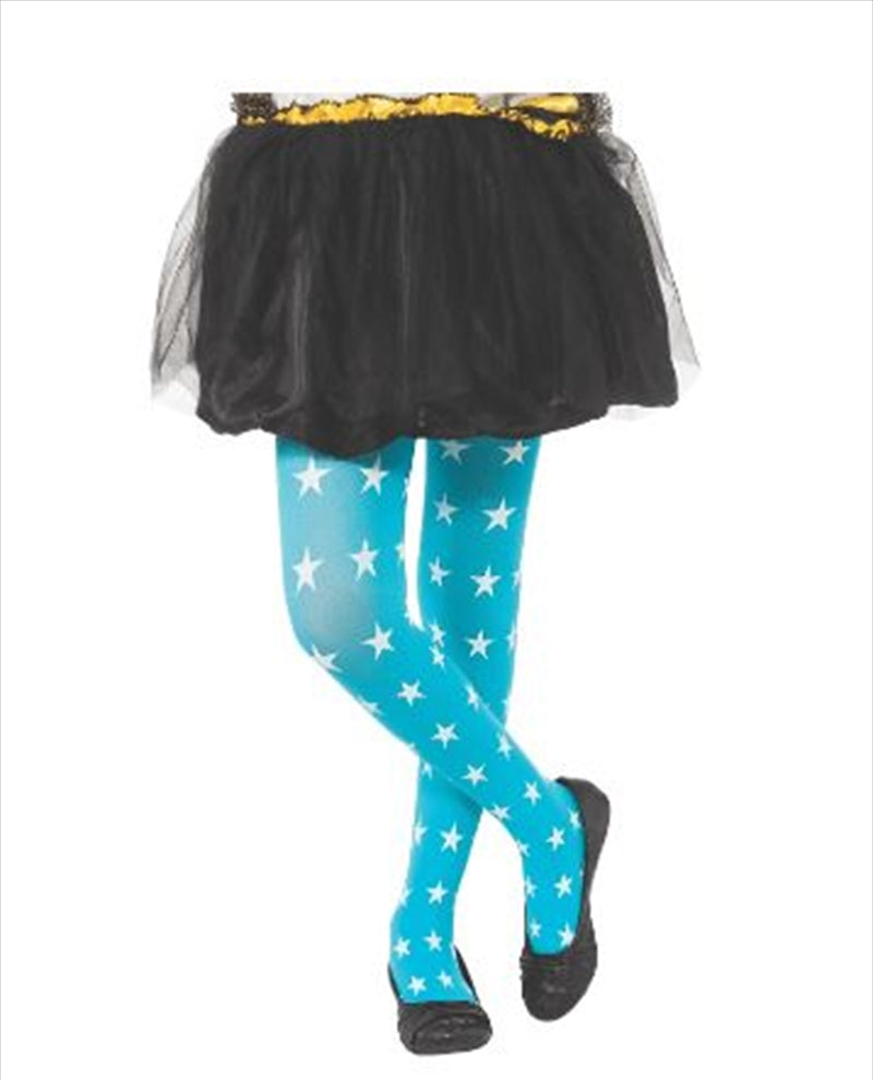 A pair of blue semi-opaque tights with white stars designed for children, inspired by Captain America.