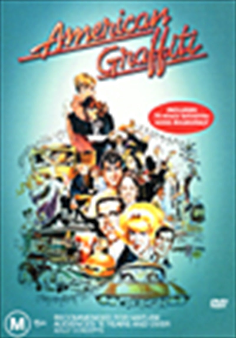 American Graffiti DVD cover featuring iconic characters and nostalgic 1960s imagery.