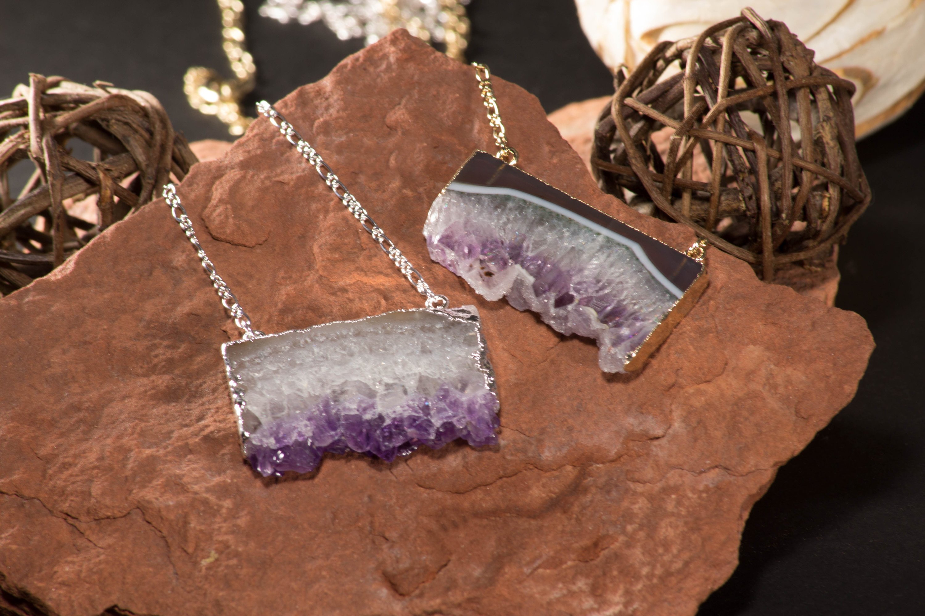 Amethyst Horizontal Slice Necklace with gold or silver trim, showcasing a unique amethyst slice pendant on a 14-inch chain.