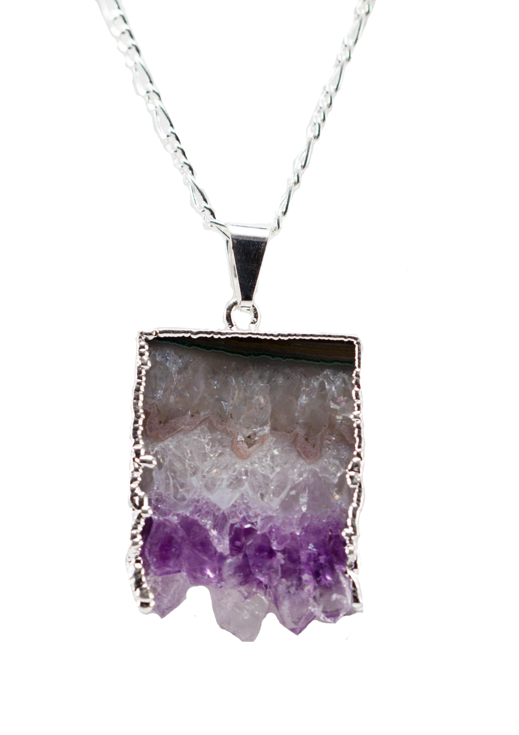 Amethyst Horizontal Slice Necklace with gold or silver trim, showcasing a unique amethyst slice pendant on a 14-inch chain.