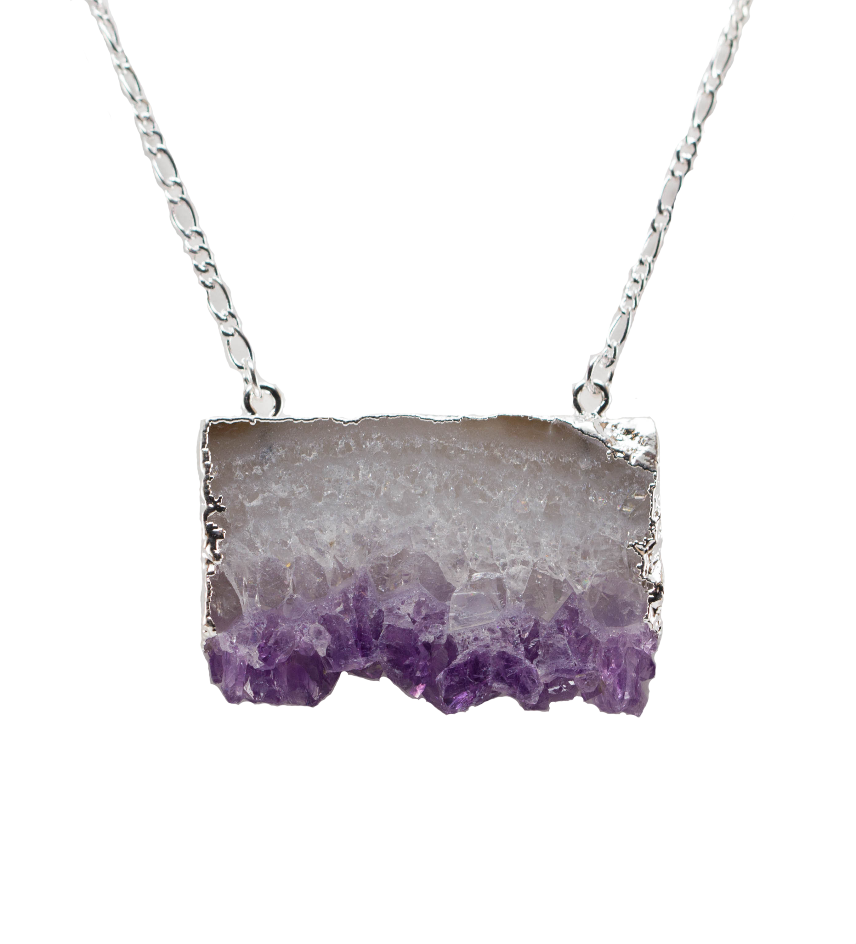 Amethyst Horizontal Slice Necklace with gold or silver trim, showcasing a unique amethyst slice pendant on a 14-inch chain.