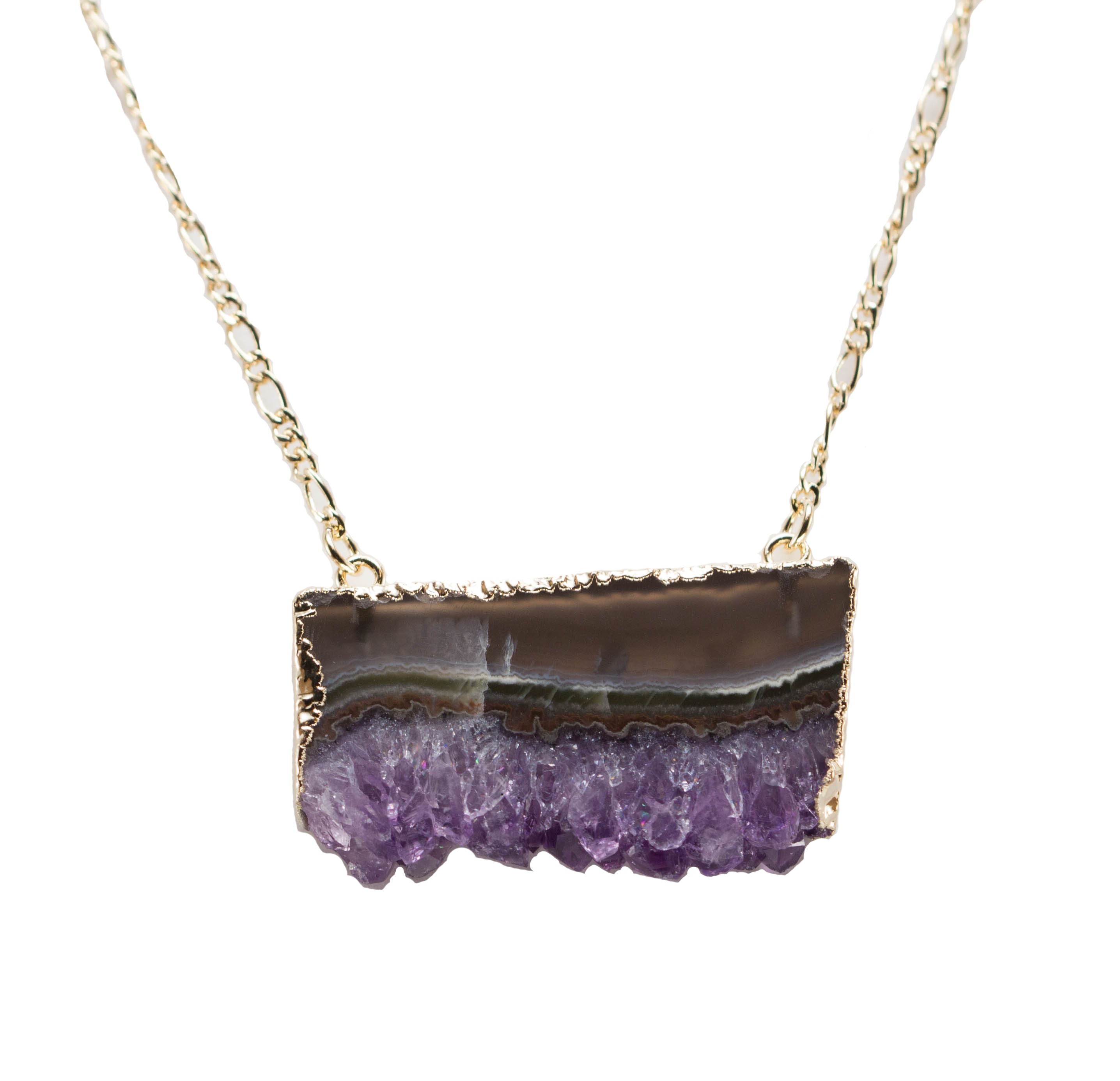 Amethyst Horizontal Slice Necklace with gold or silver trim, showcasing a unique amethyst slice pendant on a 14-inch chain.