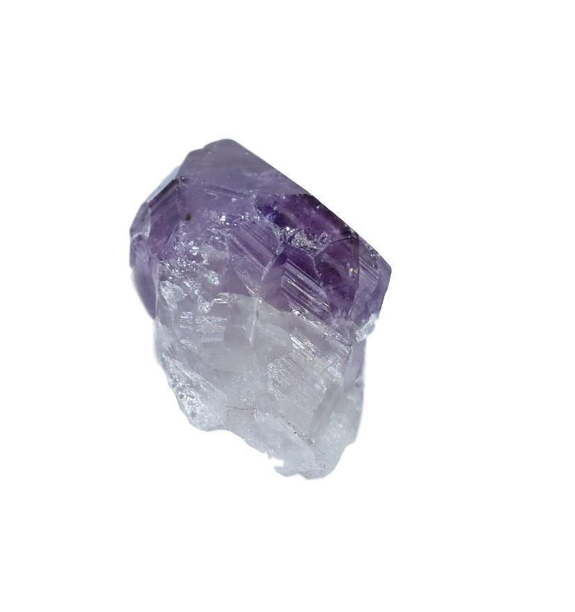 Two deep purple amethyst points, one small and one medium, showcasing their natural beauty and clarity.