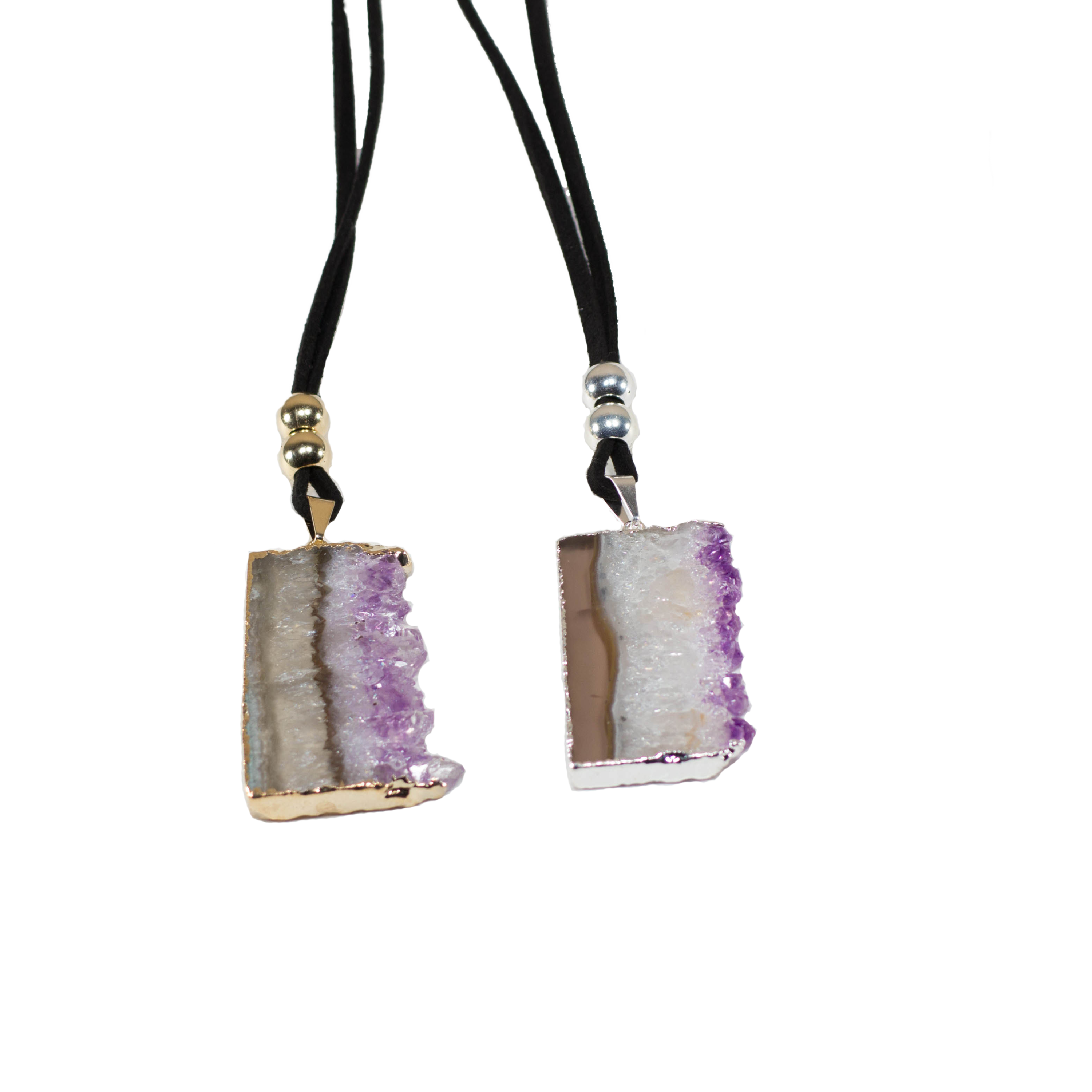 Amethyst vertical slice pendant on a leather necklace, showcasing its unique purple hues and elegant trim.