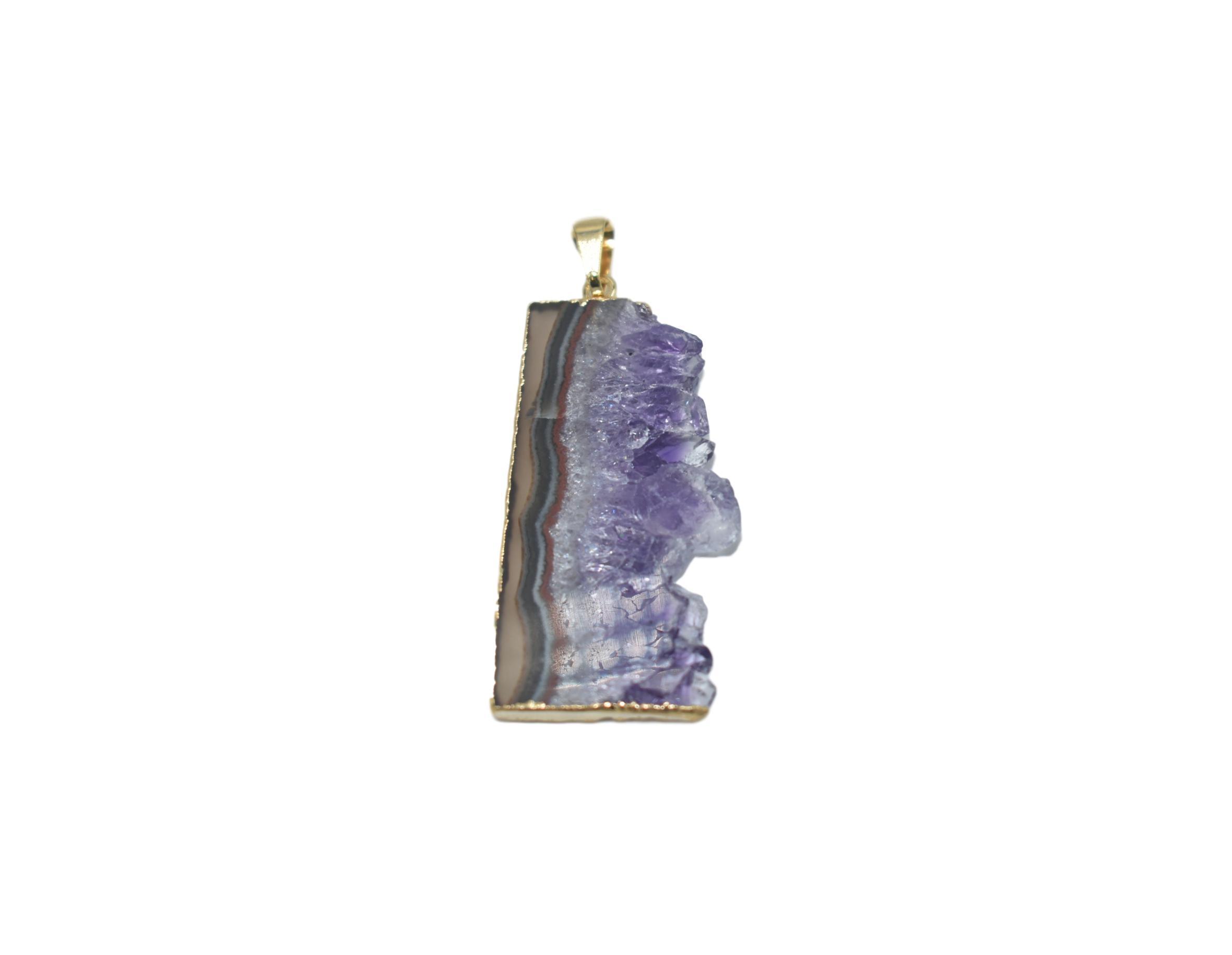 Amethyst Vertical Slice Pendant with silver or gold trim, showcasing unique patterns and a delicate design.