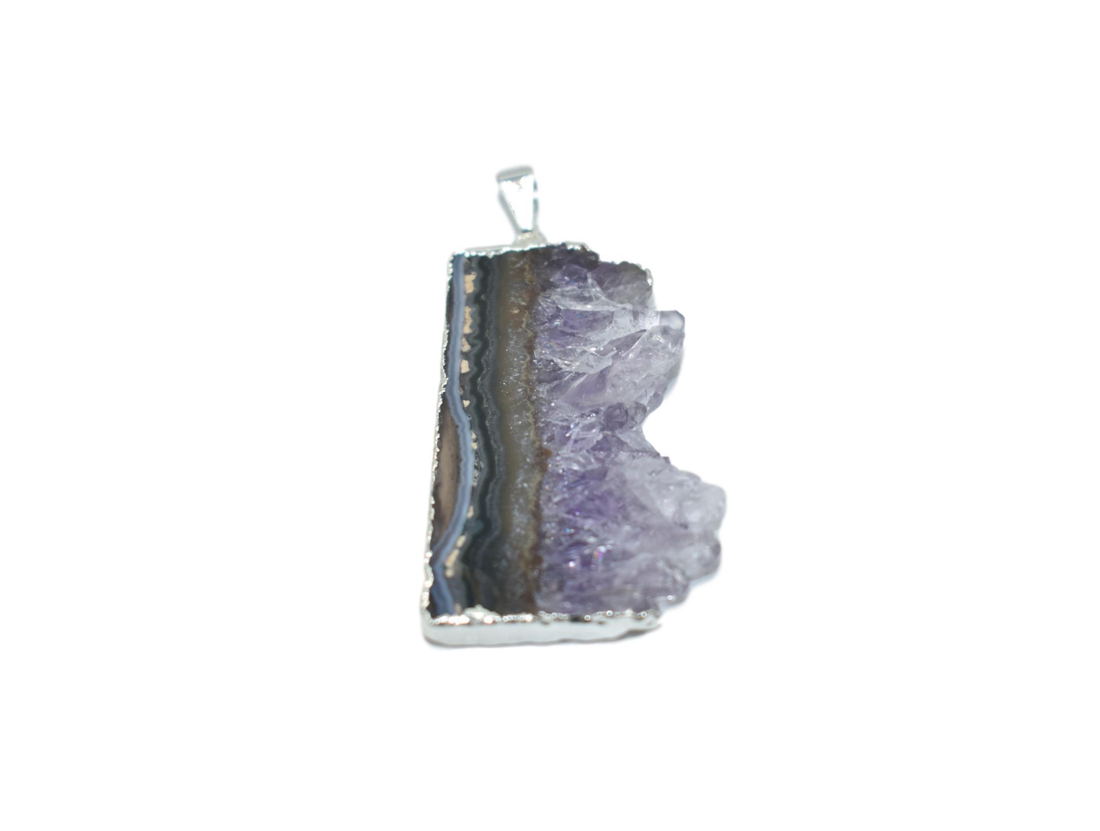 Amethyst Vertical Slice Pendant with silver or gold trim, showcasing unique patterns and a delicate design.