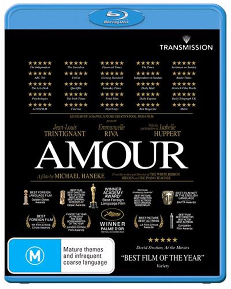 Amour Blu-ray cover featuring a touching image of an elderly couple symbolizing enduring love.