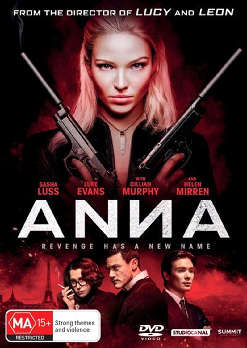 DVD cover of Anna featuring Sasha Luss, Helen Mirren, and Cillian Murphy in an action-packed scene.