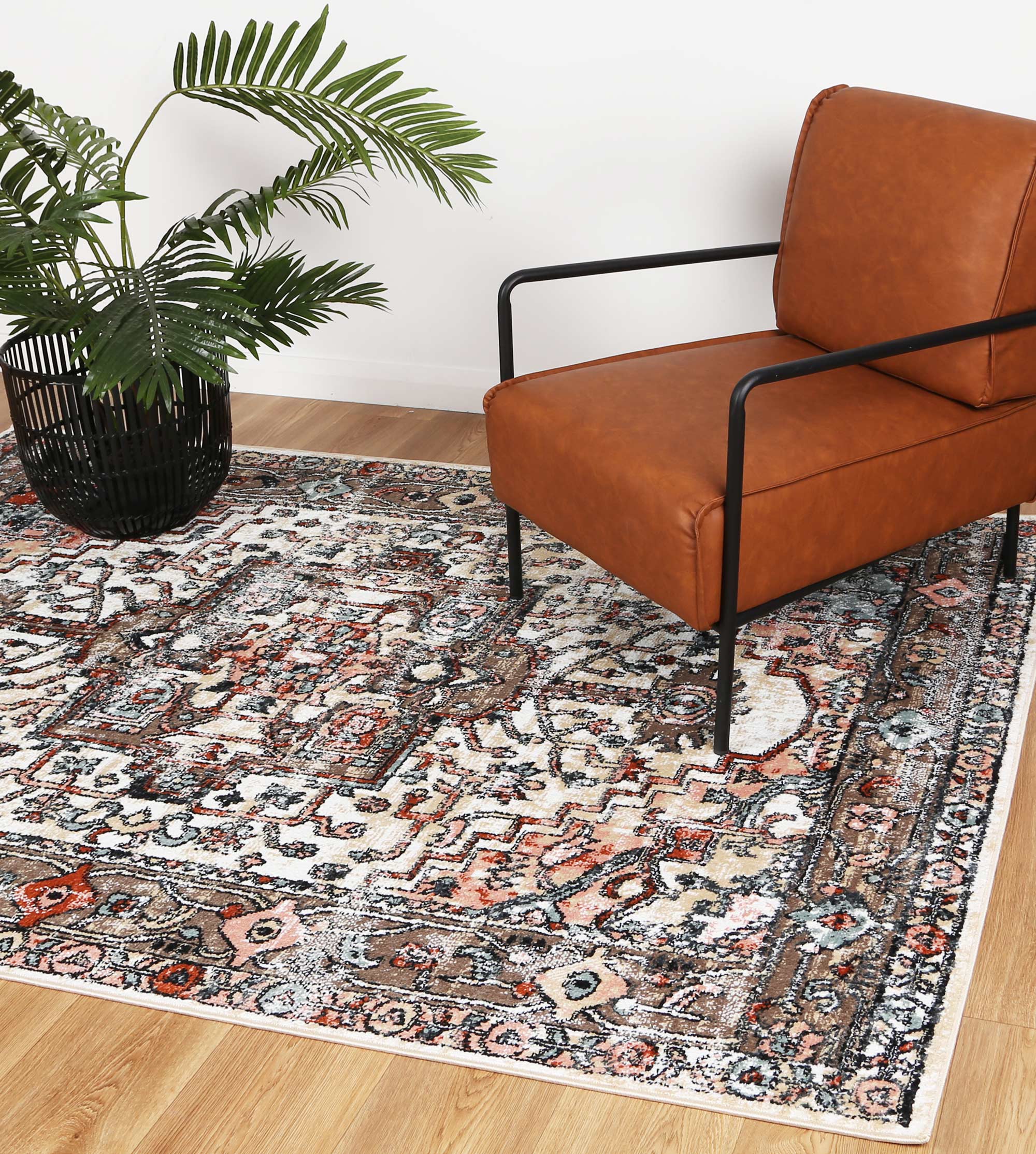 Anatolia Traditional Beige Rug 200x290cm showcasing intricate patterns in beige, black, grey, and terracotta colors, perfect for enhancing home decor.