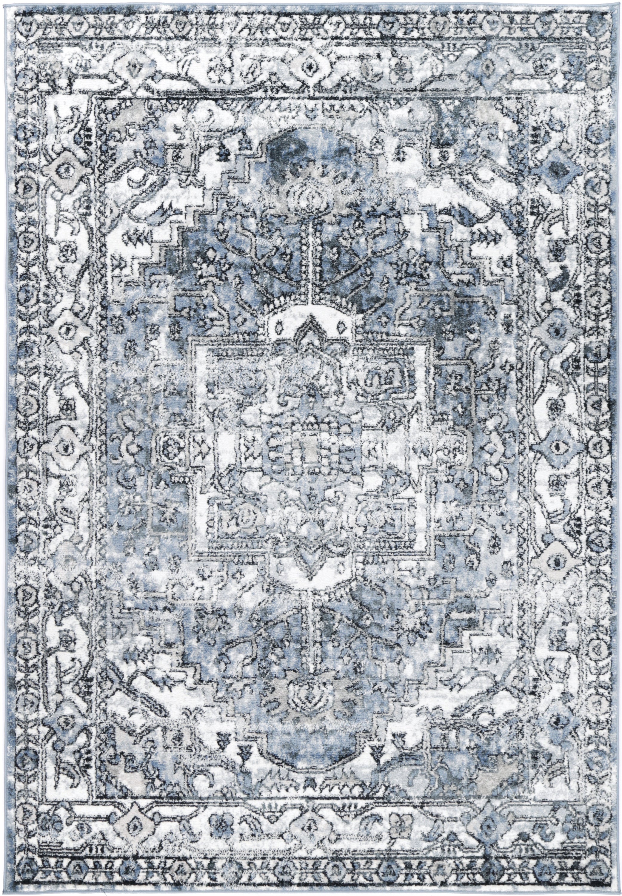 Anatolia Traditional Blue Rug 240x330cm showcasing intricate patterns in black, grey, cream, and terracotta colors, perfect for enhancing home decor.