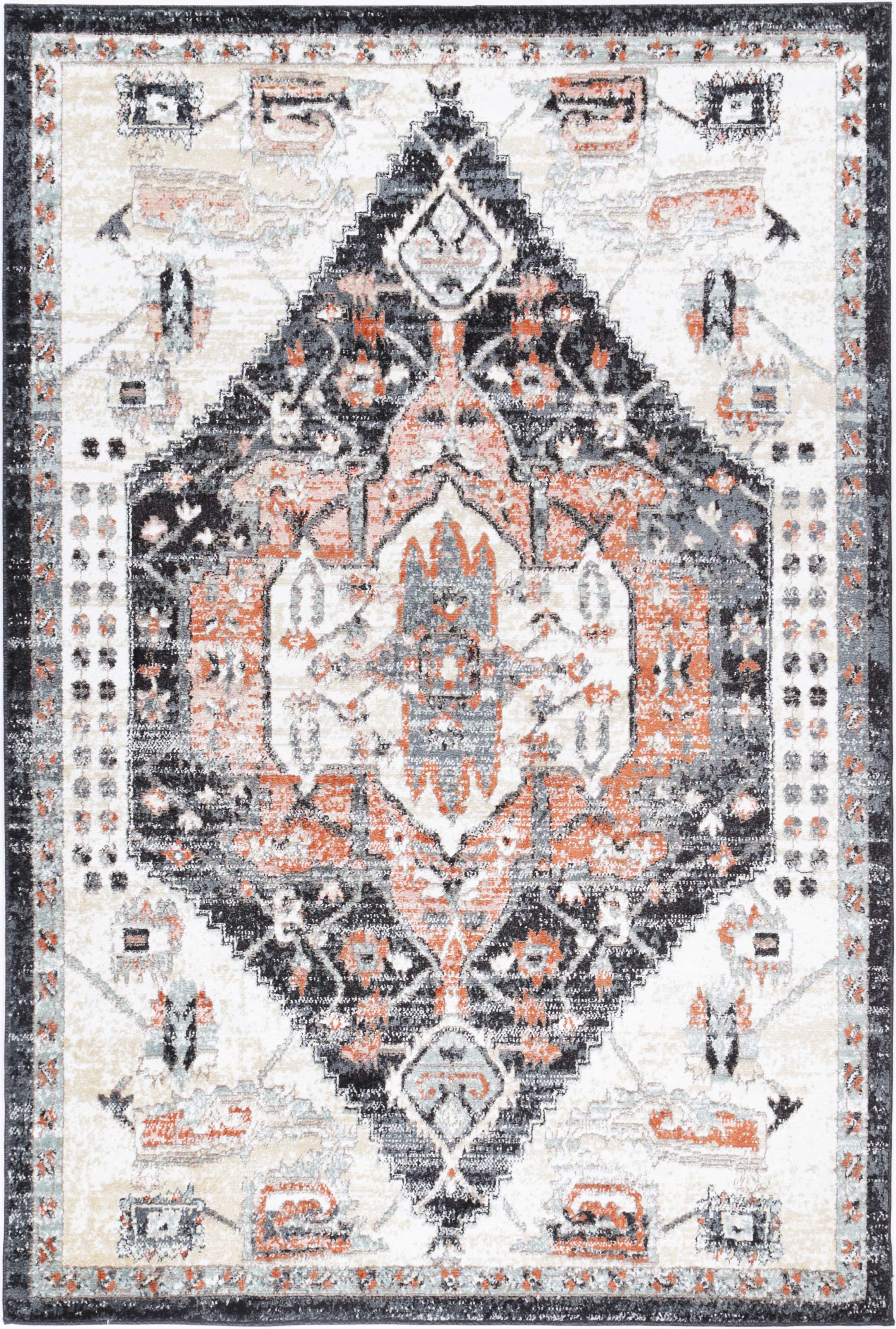 Anatolia Traditional Cream Black Rug 200x290cm featuring a beautiful antique design with a color palette of black, grey, cream, and terracotta.