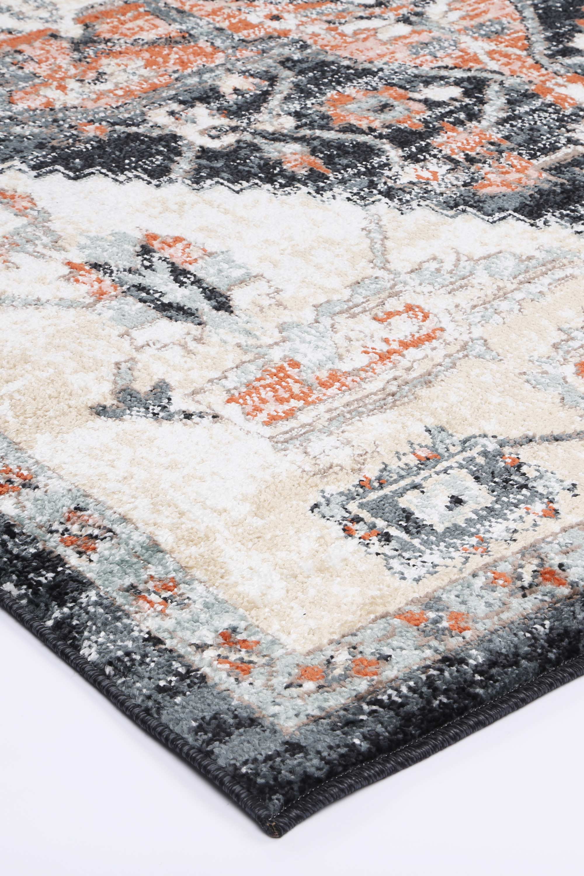 Anatolia Traditional Cream Black Rug 200x290cm featuring a beautiful antique design with a color palette of black, grey, cream, and terracotta.