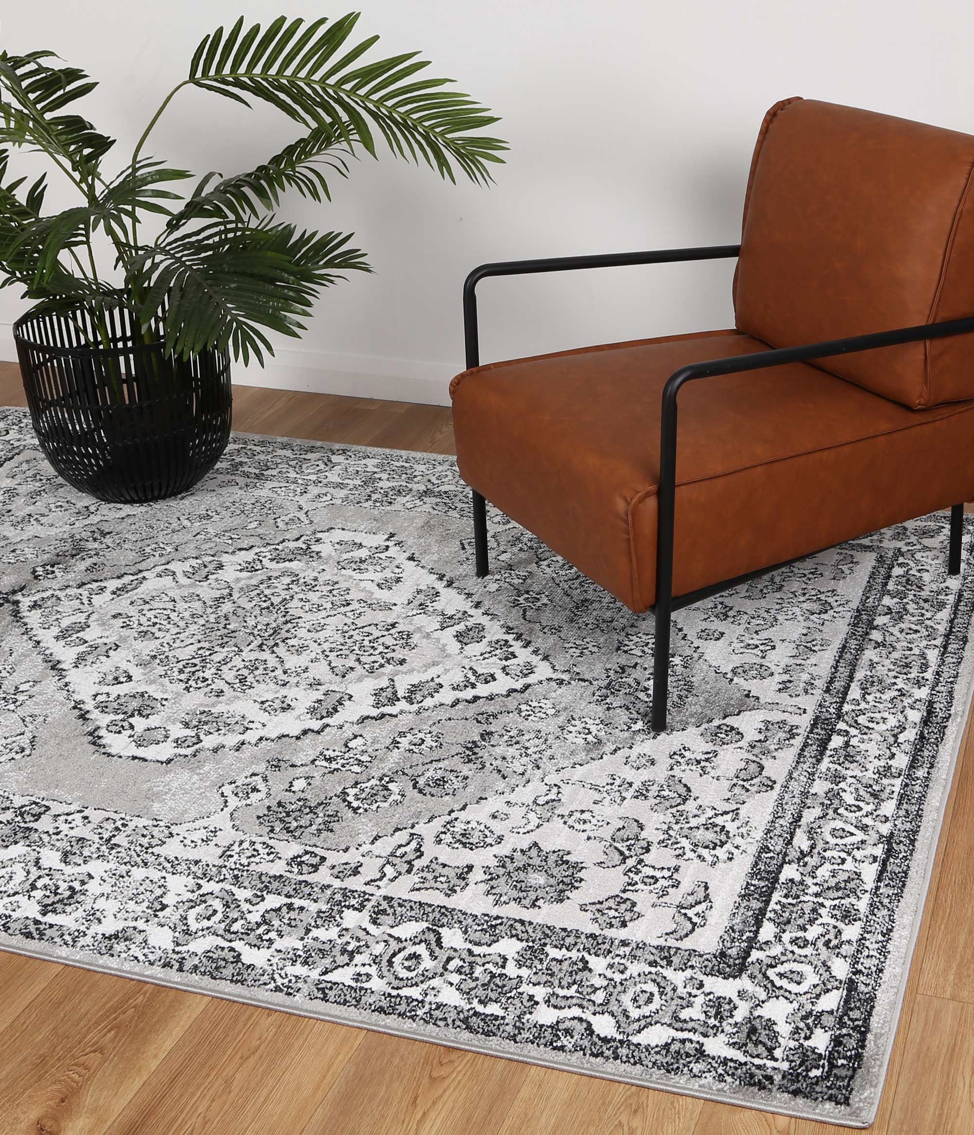 Anatolia Traditional Grey Black Rug measuring 160x230cm, featuring an antique design with a color palette of black, grey, cream, and terracotta.