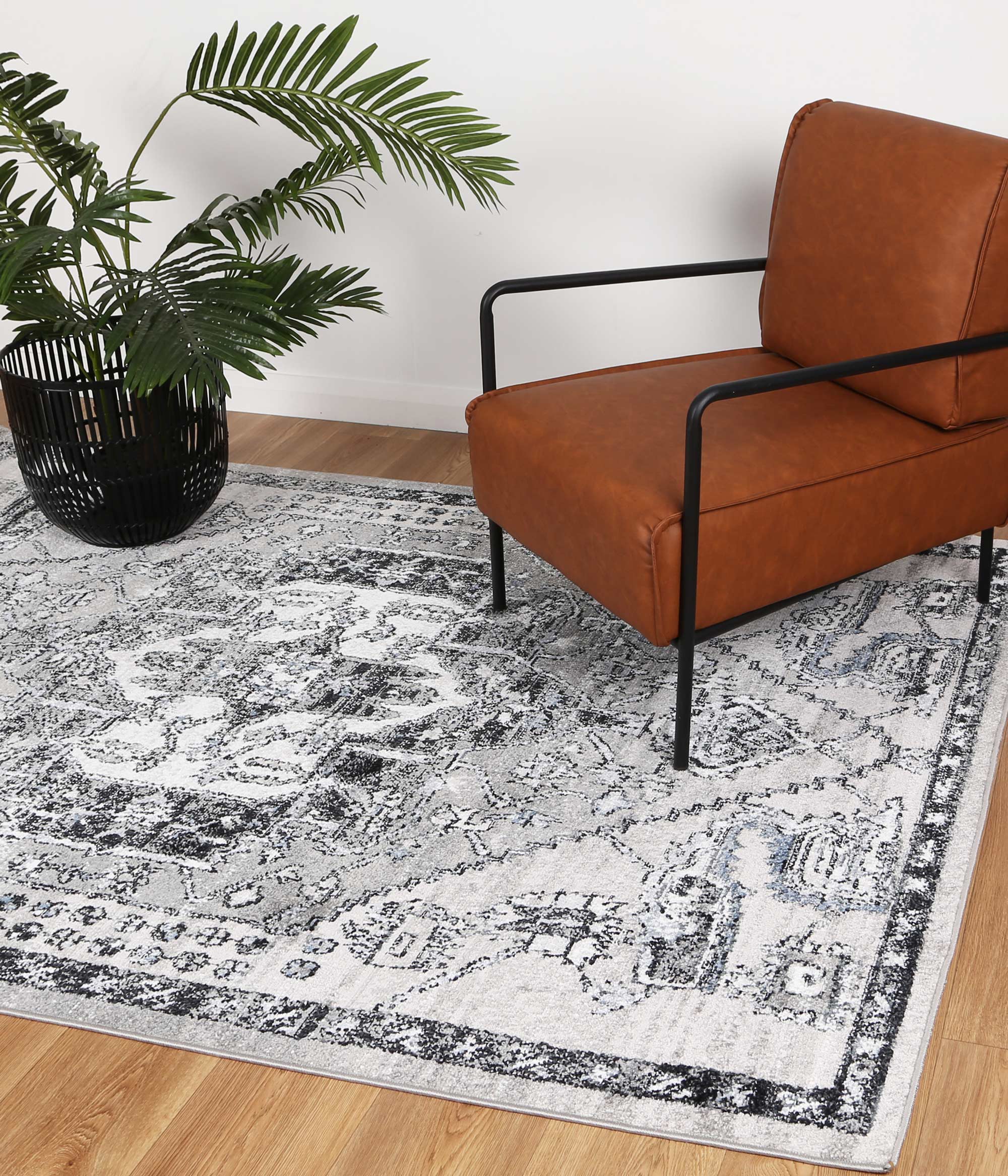 Anatolia Traditional Light Grey Rug measuring 280x380cm, featuring a blend of black, grey, cream, and terracotta colors with a soft texture.