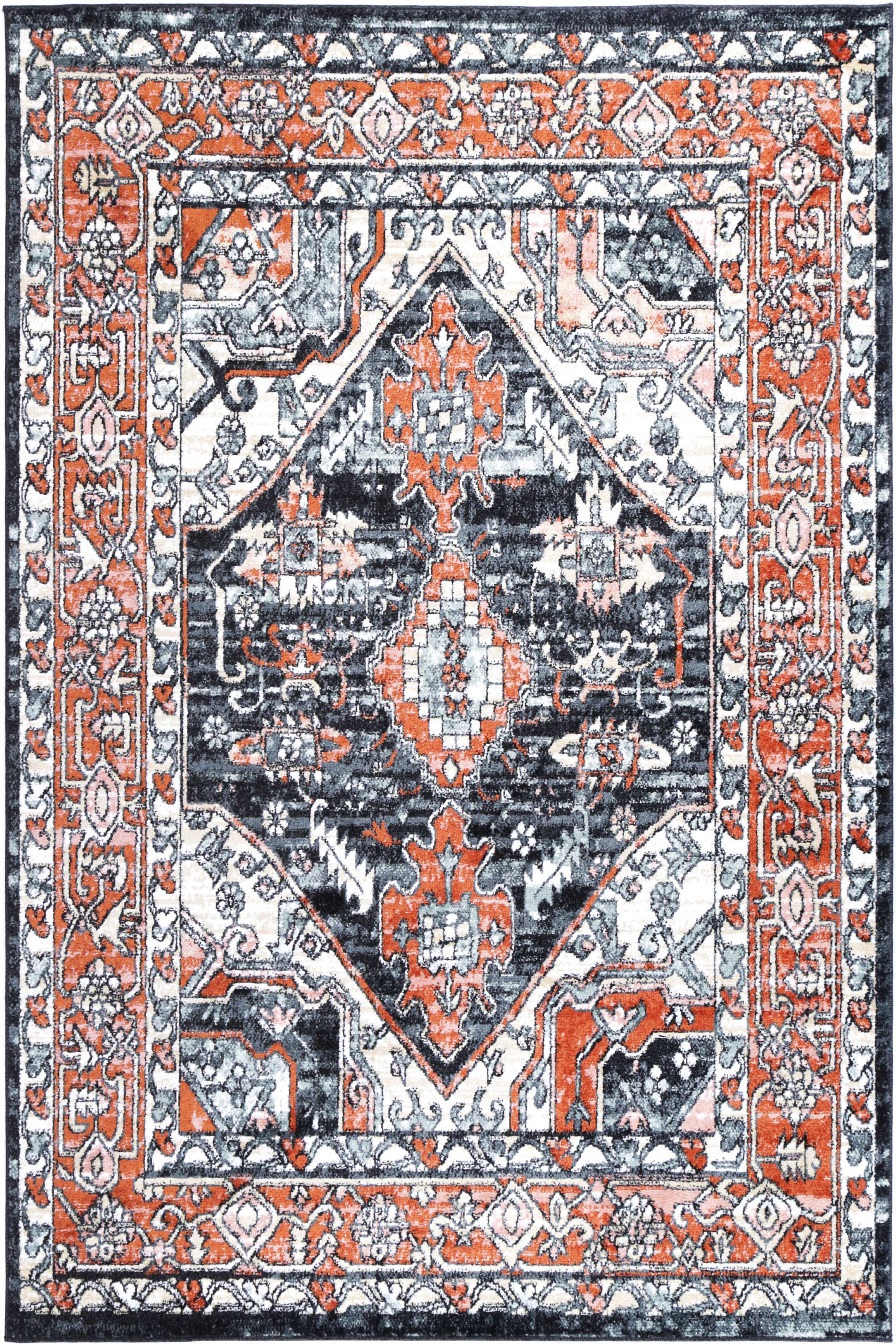 Anatolia Traditional Terracotta Black Rug measuring 280x380cm, featuring a blend of black, grey, cream, and terracotta colors with a soft texture.