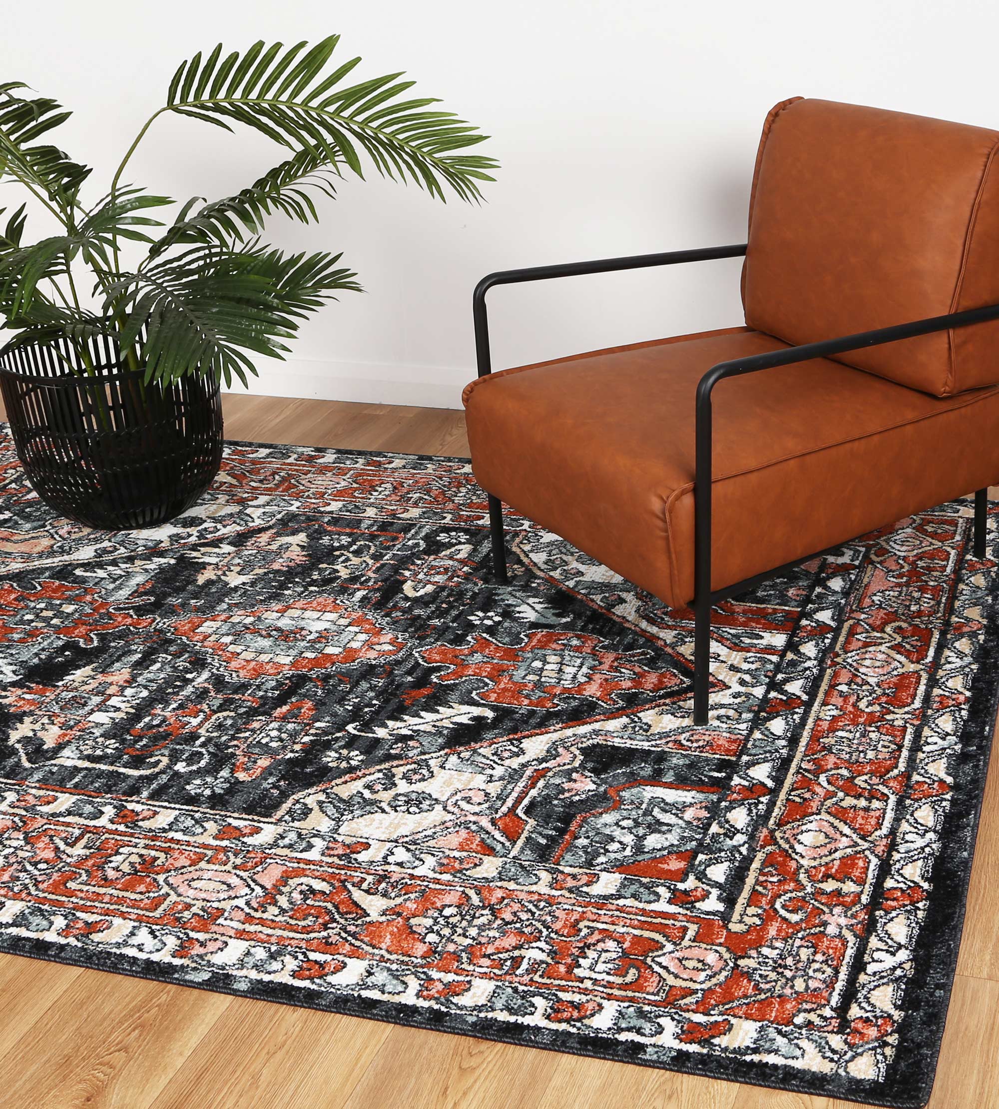 Anatolia Traditional Terracotta Black Rug measuring 280x380cm, featuring a blend of black, grey, cream, and terracotta colors with a soft texture.