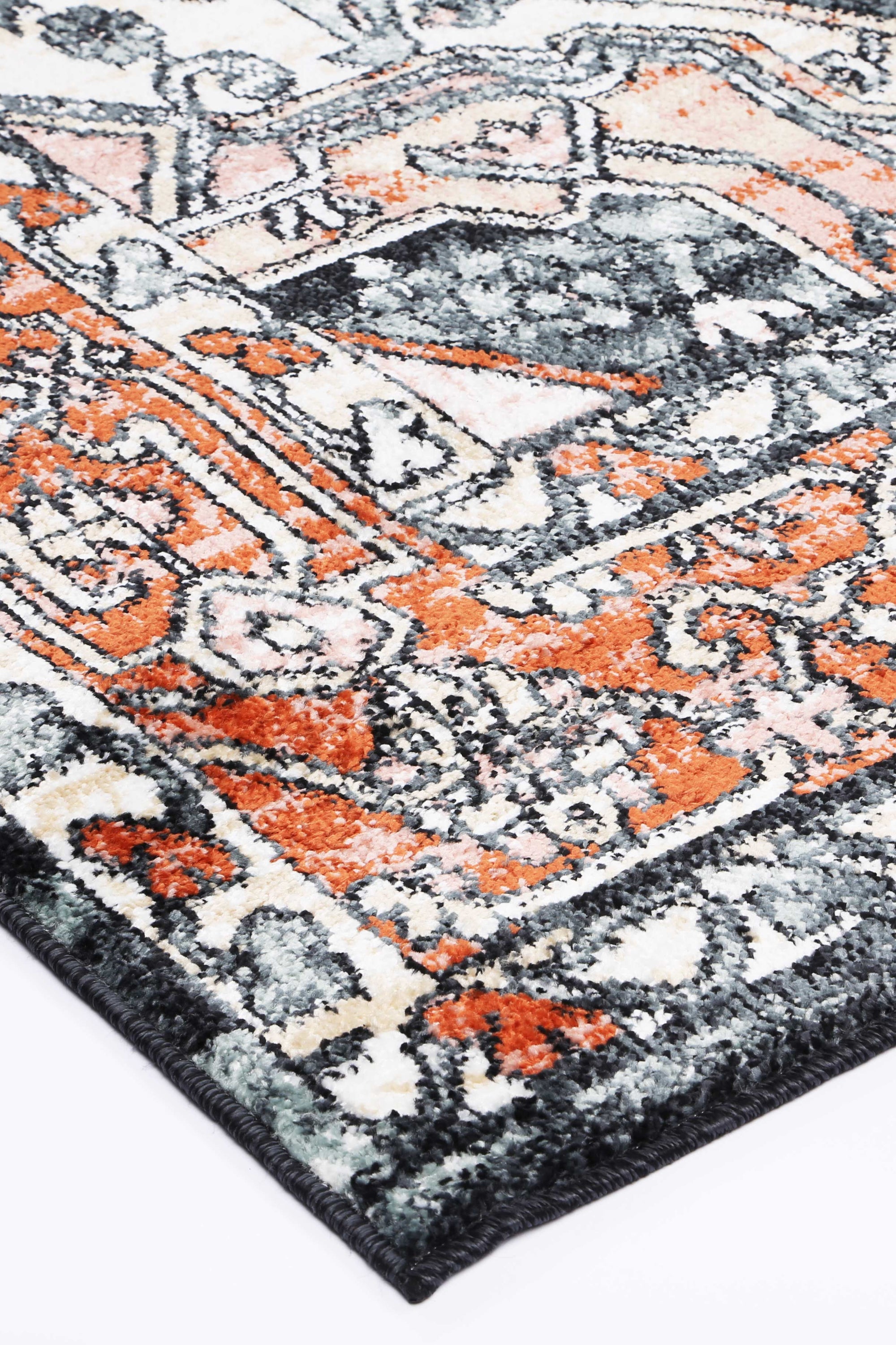 Anatolia Traditional Terracotta Black Rug measuring 280x380cm, featuring a blend of black, grey, cream, and terracotta colors with a soft texture.