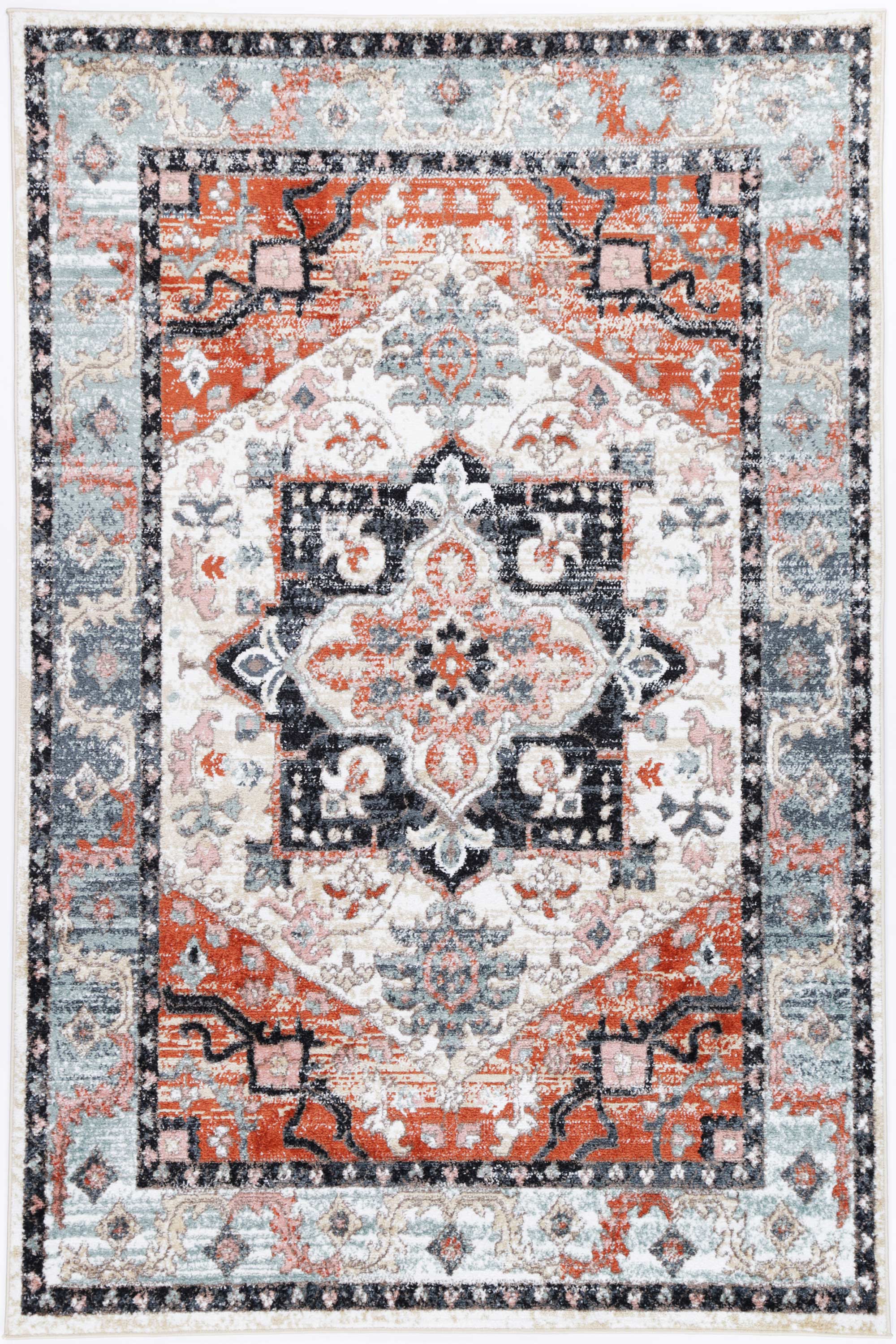 Anatolia Traditional Terracotta Charcoal Rug 240x330cm showcasing intricate patterns in black, grey, cream, and terracotta colors.