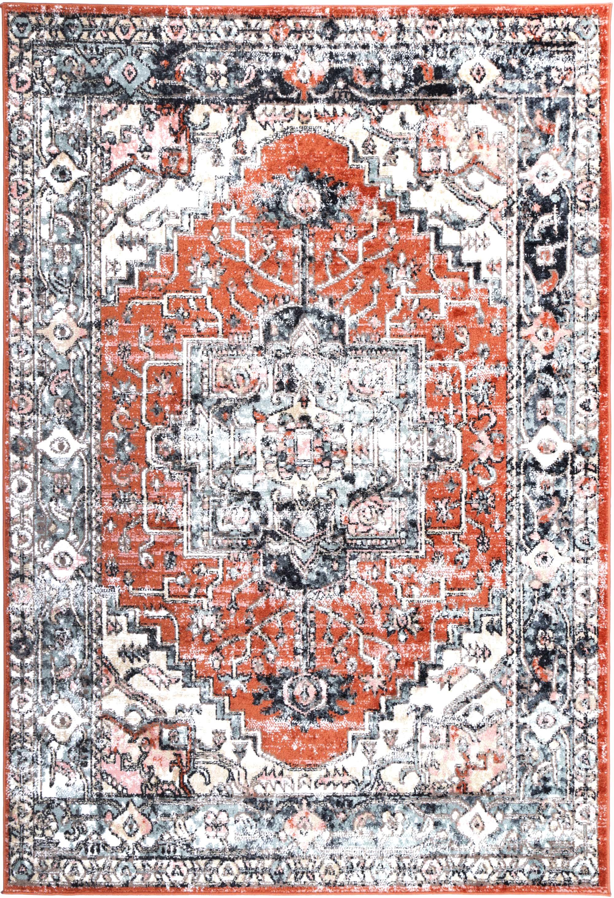 Anatolia Traditional Terracotta Rug 200x290cm showcasing intricate patterns in black, grey, cream, and terracotta colors, perfect for enhancing home decor.