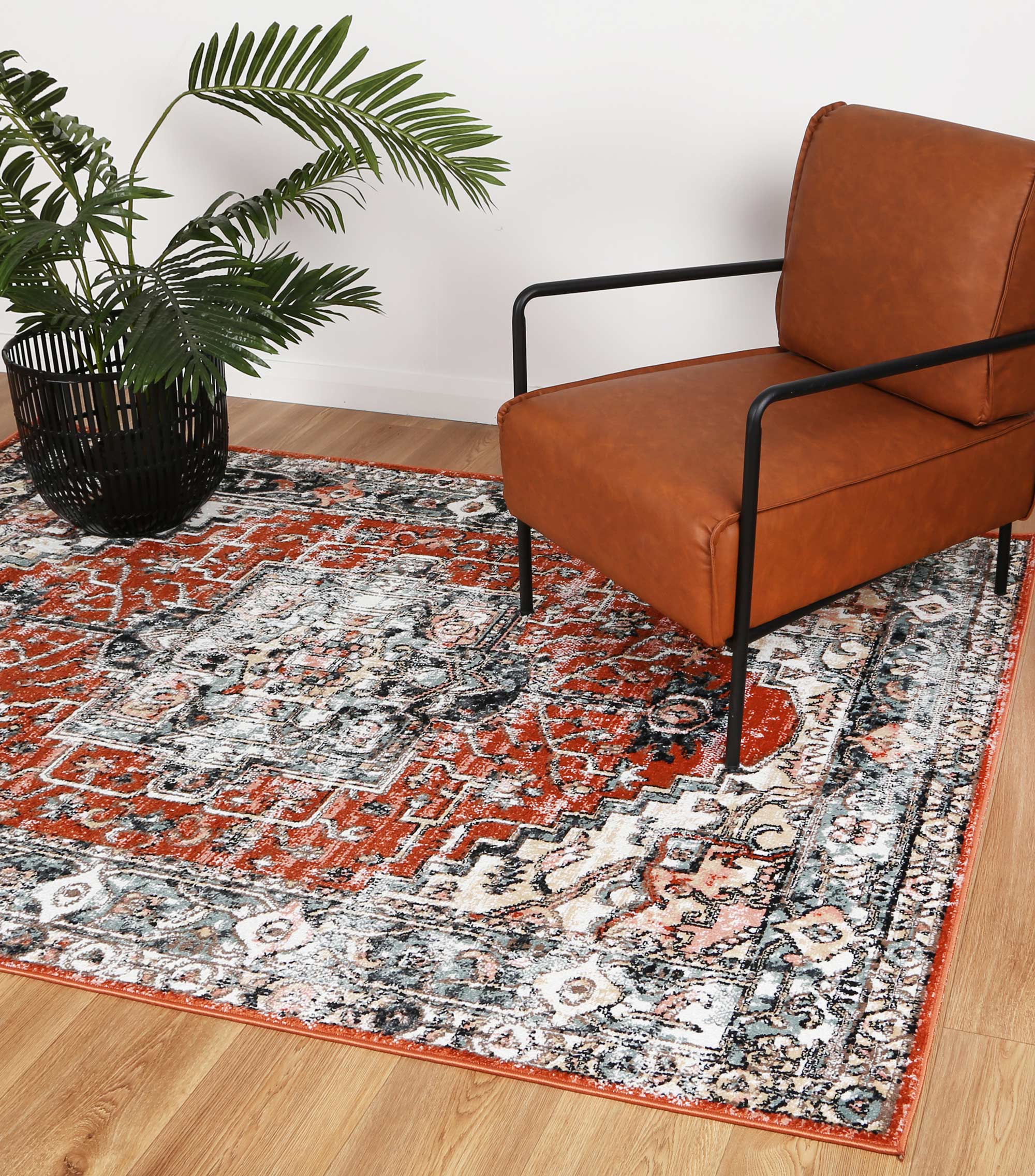 Anatolia Traditional Terracotta Rug 200x290cm showcasing intricate patterns in black, grey, cream, and terracotta colors, perfect for enhancing home decor.