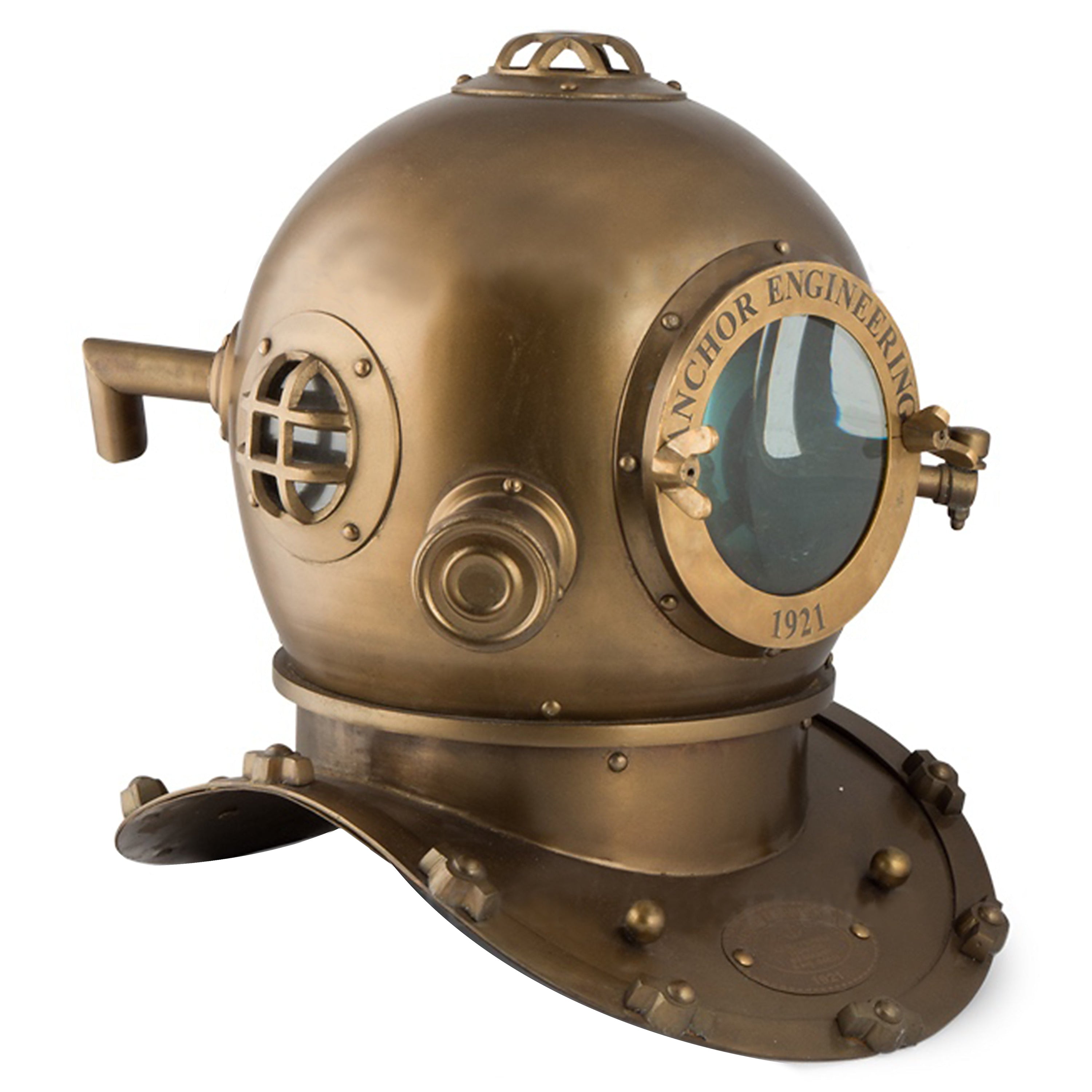 Anchor Engineering 1921 Brass Diving Helmet with antique brass finish and magnifying glass window, showcasing vintage craftsmanship.