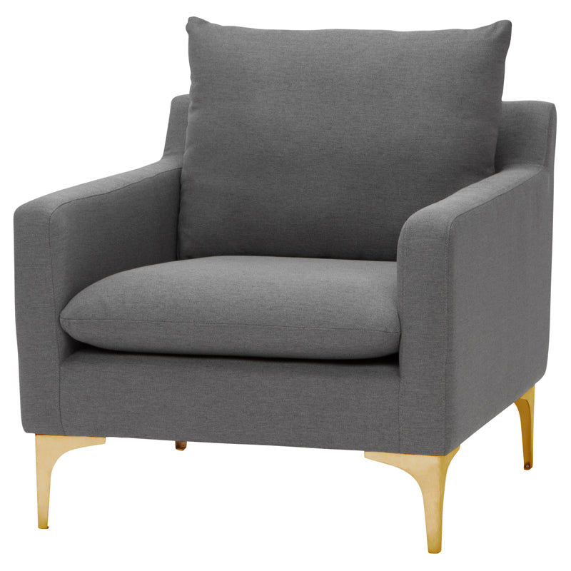 Anders Occasional Chair in Slate Grey with Gold Legs, featuring plush cushions and a modern design.