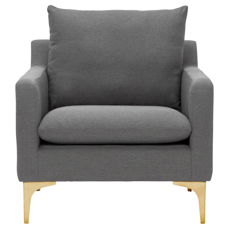 Anders Occasional Chair in Slate Grey with Gold Legs, featuring plush cushions and a modern design.