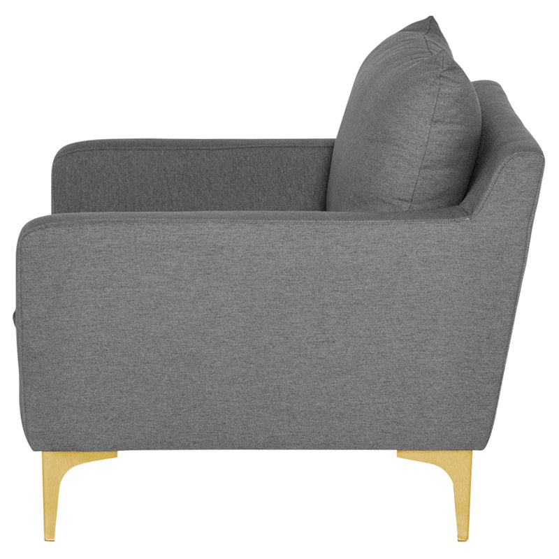 Anders Occasional Chair in Slate Grey with Gold Legs, featuring plush cushions and a modern design.