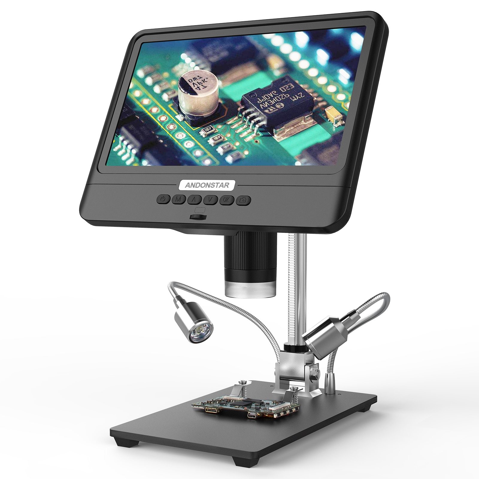 Andonstar AD208S Digital Microscope with 8.5-inch LCD screen, showcasing its adjustable magnification and built-in lights.