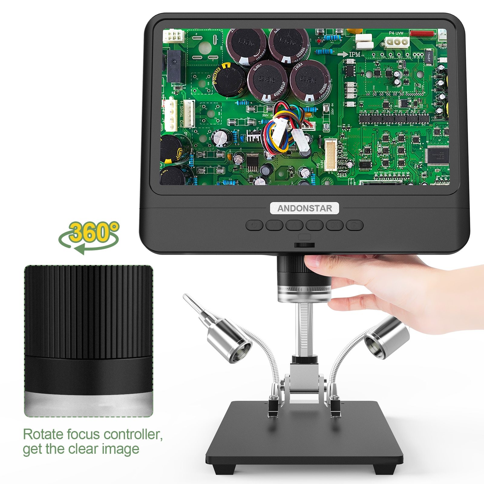 Andonstar AD208S Digital Microscope with 8.5-inch LCD screen, showcasing its adjustable magnification and built-in lights.