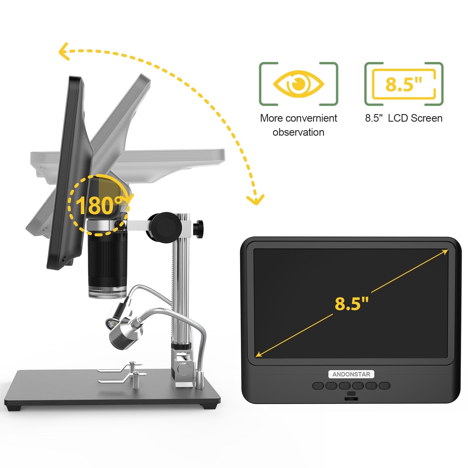 Andonstar AD208S Digital Microscope with 8.5-inch LCD screen, showcasing its adjustable magnification and built-in lights.