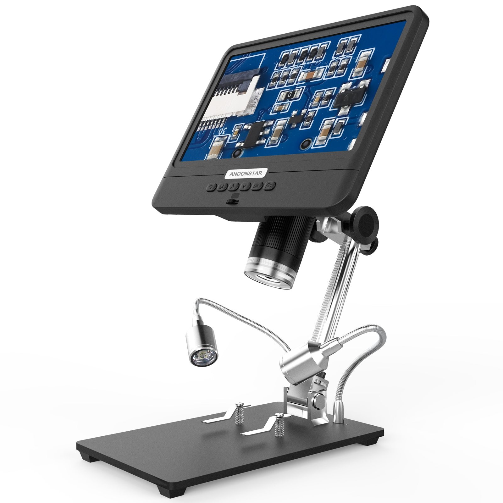 Andonstar AD208S Digital Microscope with 8.5-inch LCD screen, showcasing its adjustable magnification and built-in lights.