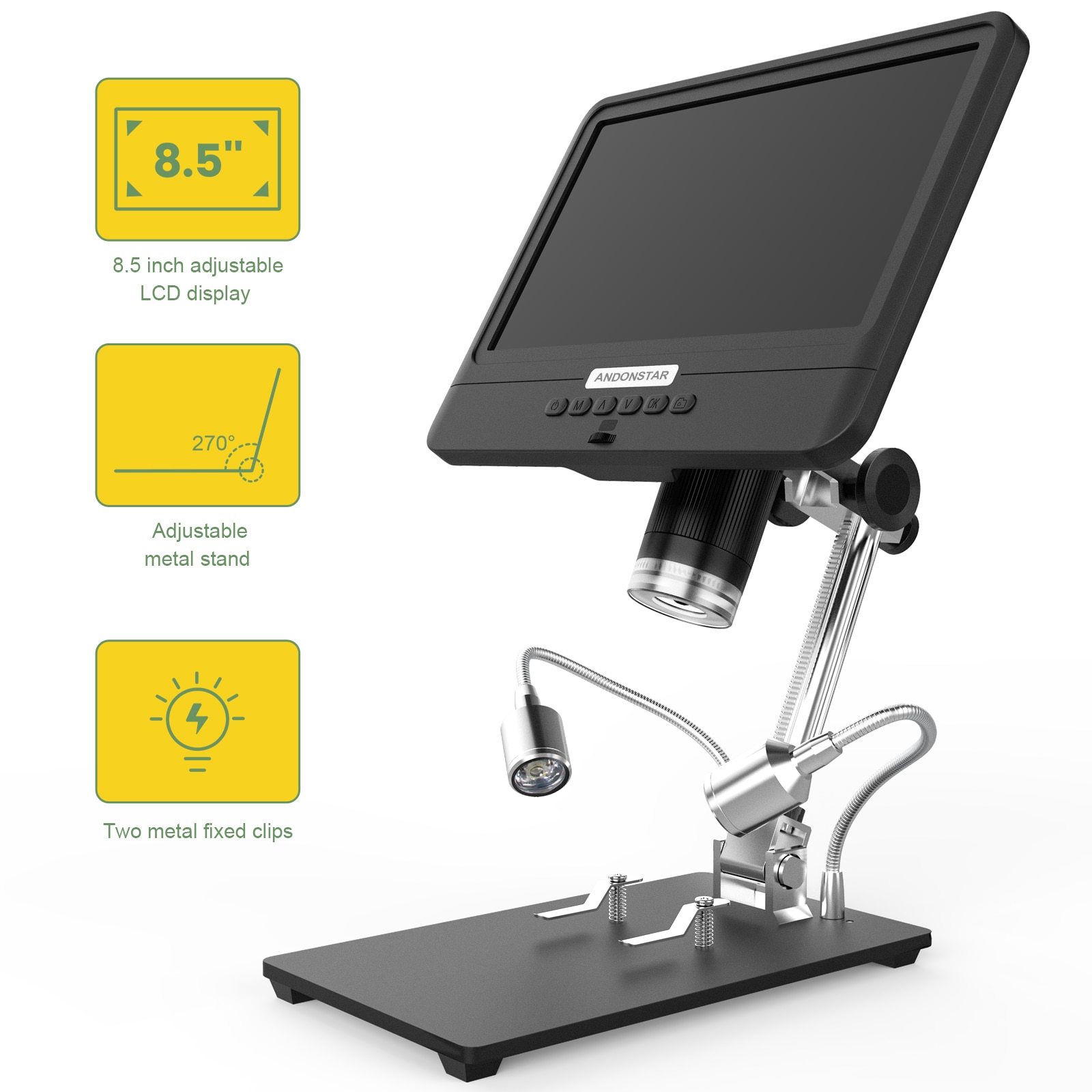 Andonstar AD208S Digital Microscope with 8.5-inch LCD screen, showcasing its adjustable magnification and built-in lights.