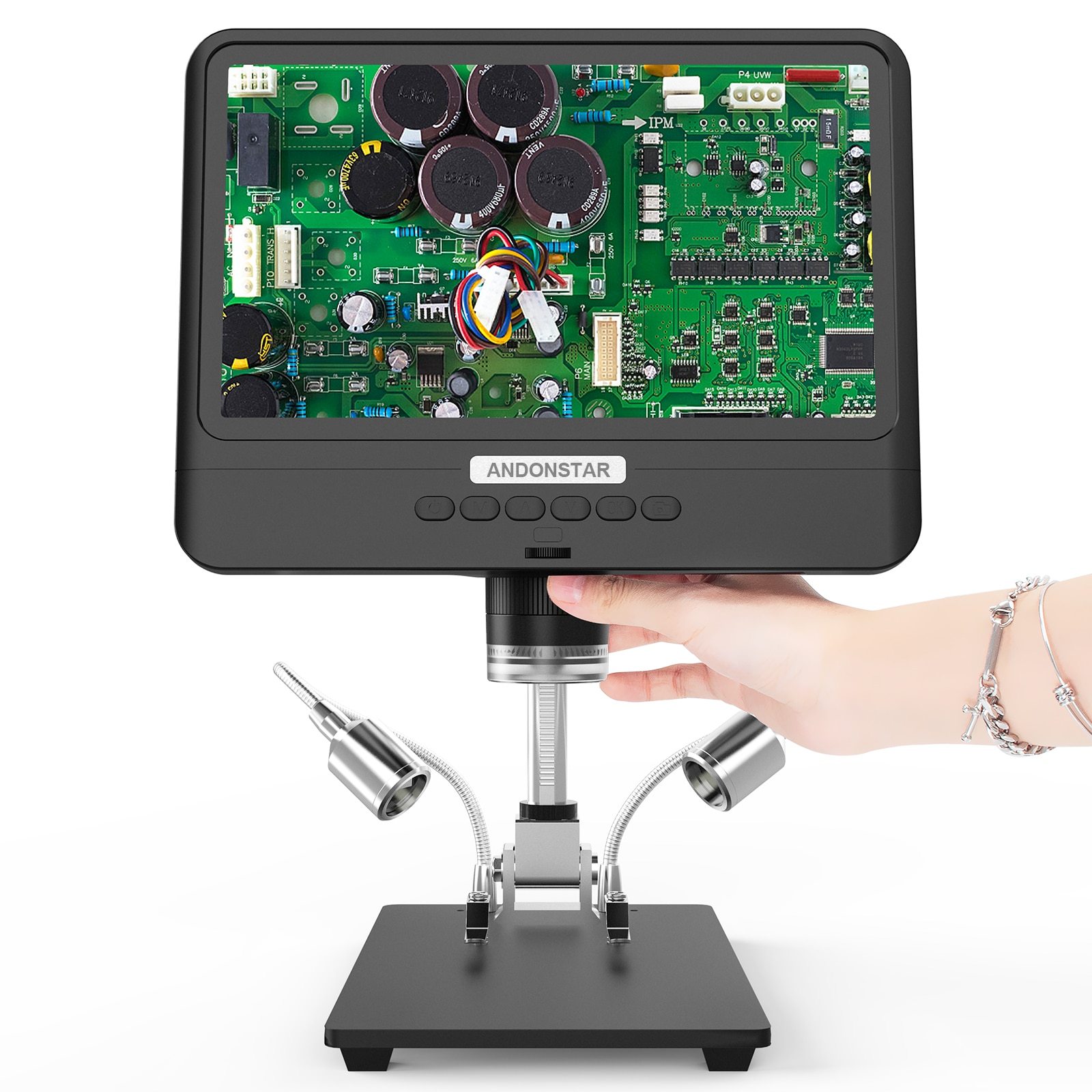 Andonstar AD208S Digital Microscope with 8.5-inch LCD screen, showcasing its adjustable magnification and built-in lights.