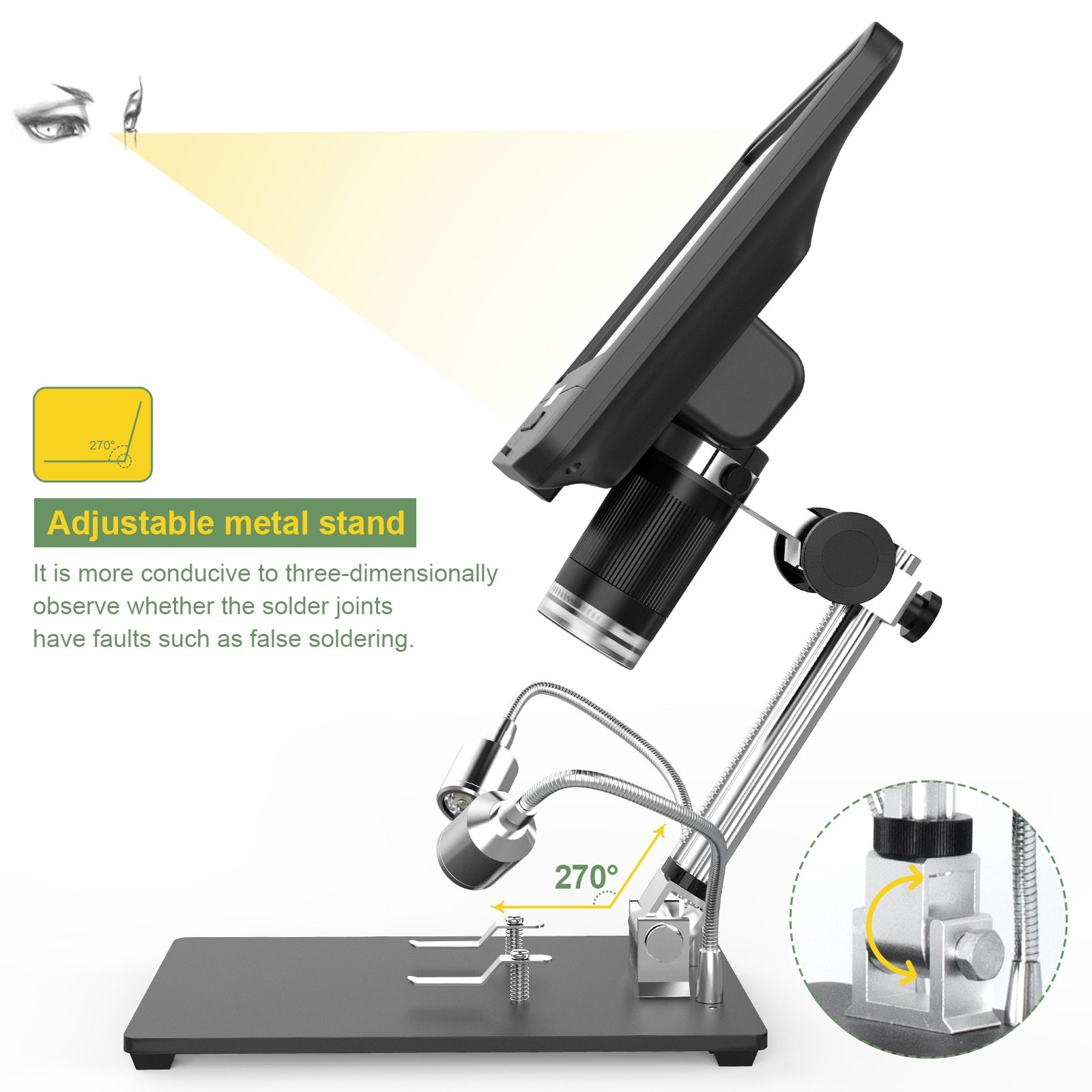 Andonstar AD208S Digital Microscope with 8.5-inch LCD screen, showcasing its adjustable magnification and built-in lights.