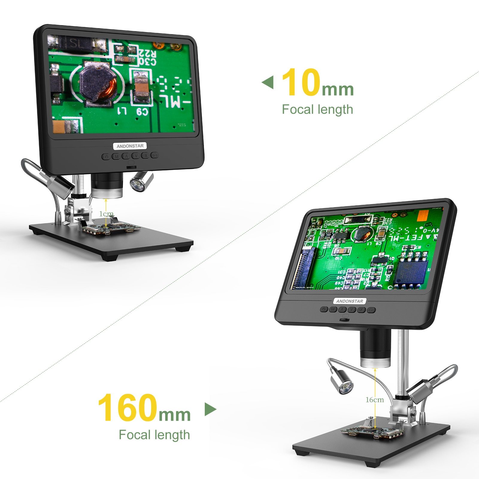 Andonstar AD208S Digital Microscope with 8.5-inch LCD screen, showcasing its adjustable magnification and built-in lights.