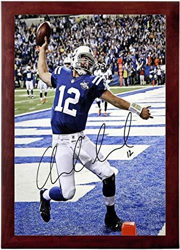 Andrew Luck Autograph Replica Super Print, 12x18 inches, framed in black, showcasing vibrant colors and printed signature.