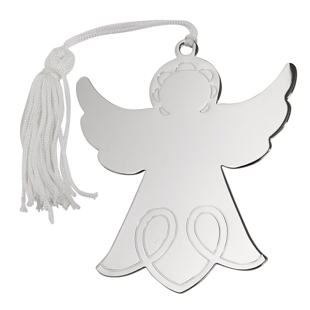 A beautiful 4" x 3" angel ornament with outstretched wings, featuring a bright nickel plated finish and a white tassel.