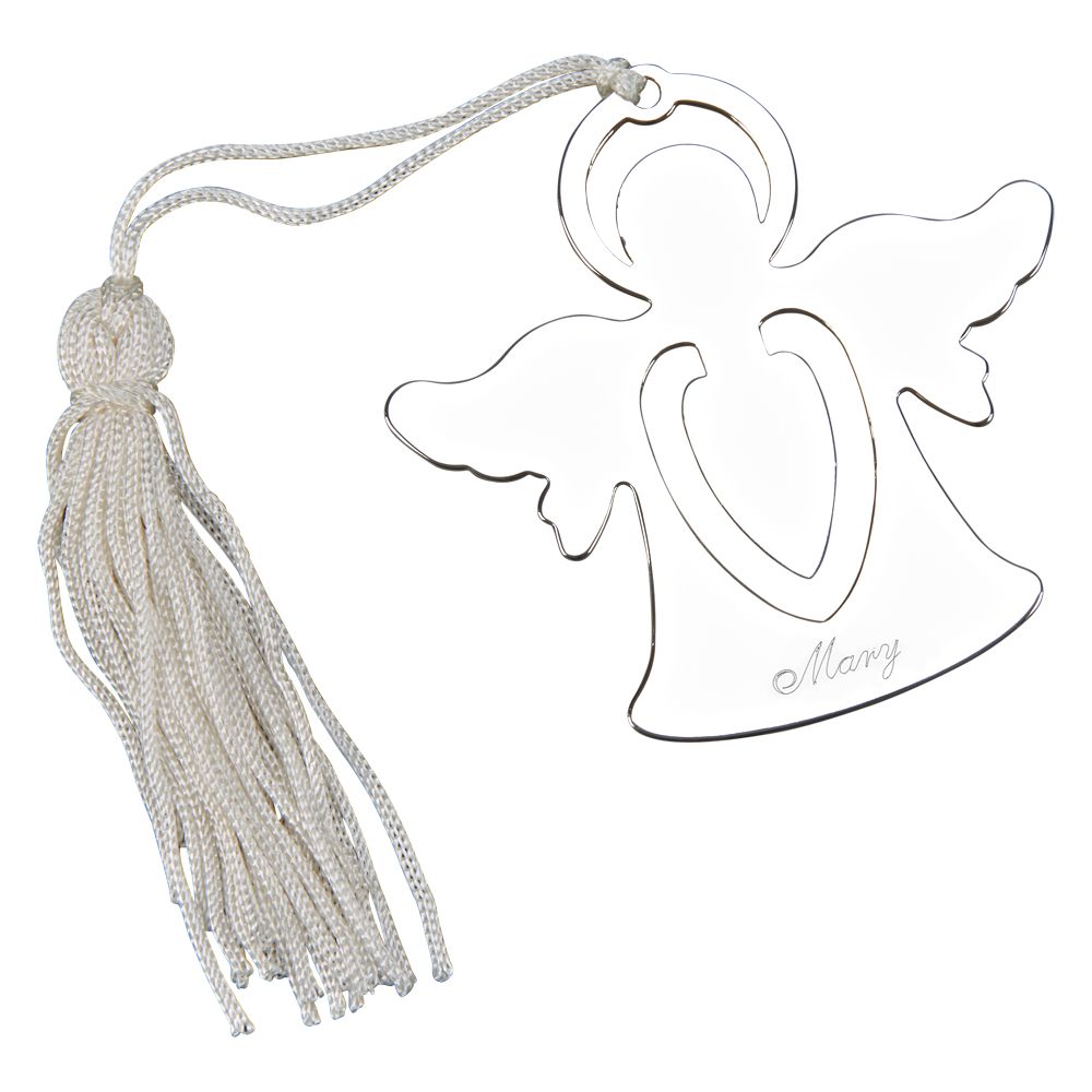 A 2.5-inch angel-shaped bookmark in non-tarnishing nickel plate with a white tassel, elegantly displayed in a gift box.