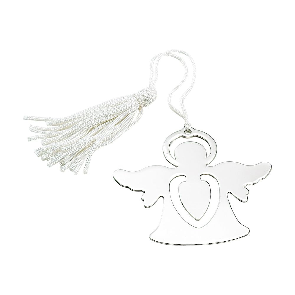 A 2.5-inch angel-shaped bookmark in non-tarnishing nickel plate with a white tassel, elegantly displayed in a gift box.