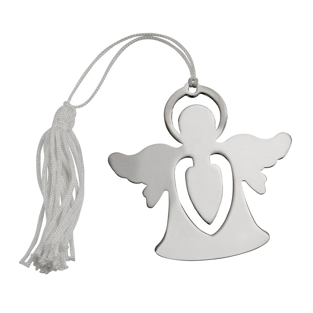 A 2.5-inch angel-shaped bookmark in non-tarnishing nickel plate with a white tassel, elegantly displayed in a gift box.