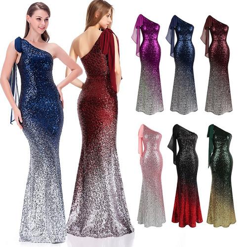 Angel-fashions Gradient Sequin Party Gown featuring a one-shoulder design and self-tie strap, showcasing a stunning gradient of sequins.