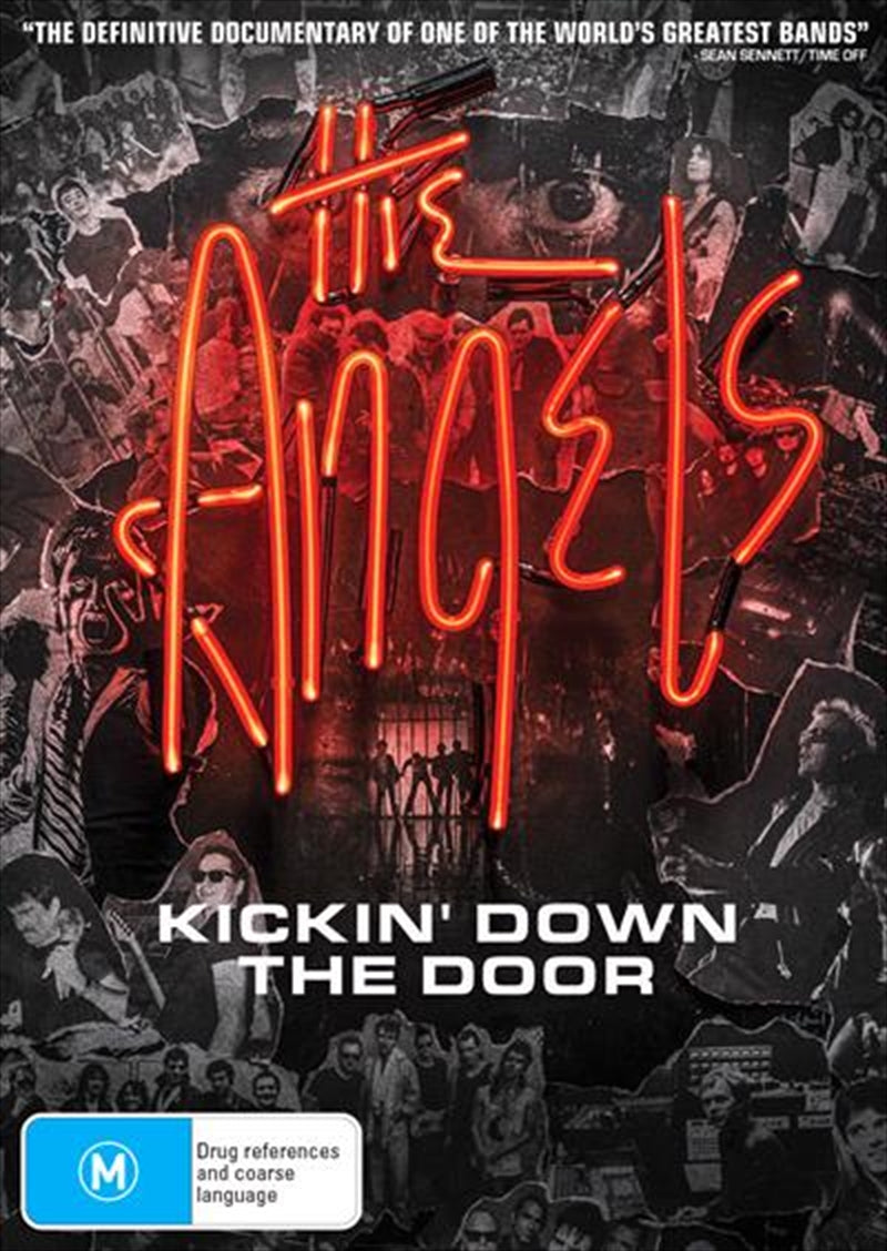 DVD cover of Angels - Kickin' Down The Door featuring band members and a rock-themed design.