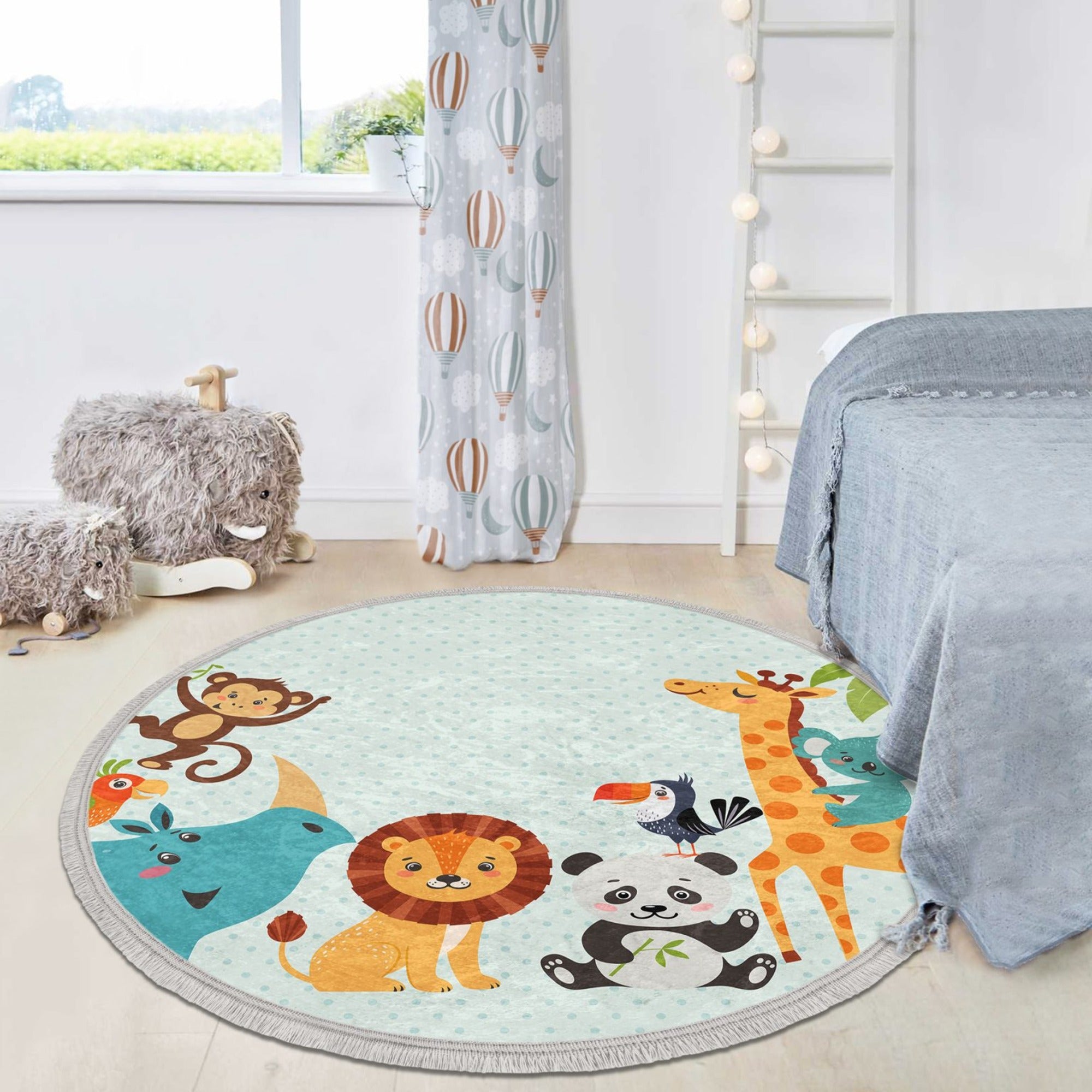 Animal Patterned Kids Room Circle Carpet featuring lion, giraffe, panda, and monkey designs in vibrant colors.