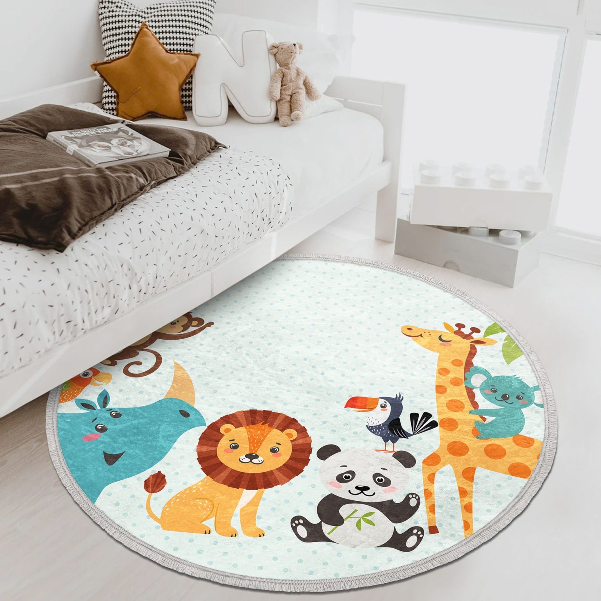 Animal Patterned Kids Room Circle Carpet featuring lion, giraffe, panda, and monkey designs in vibrant colors.